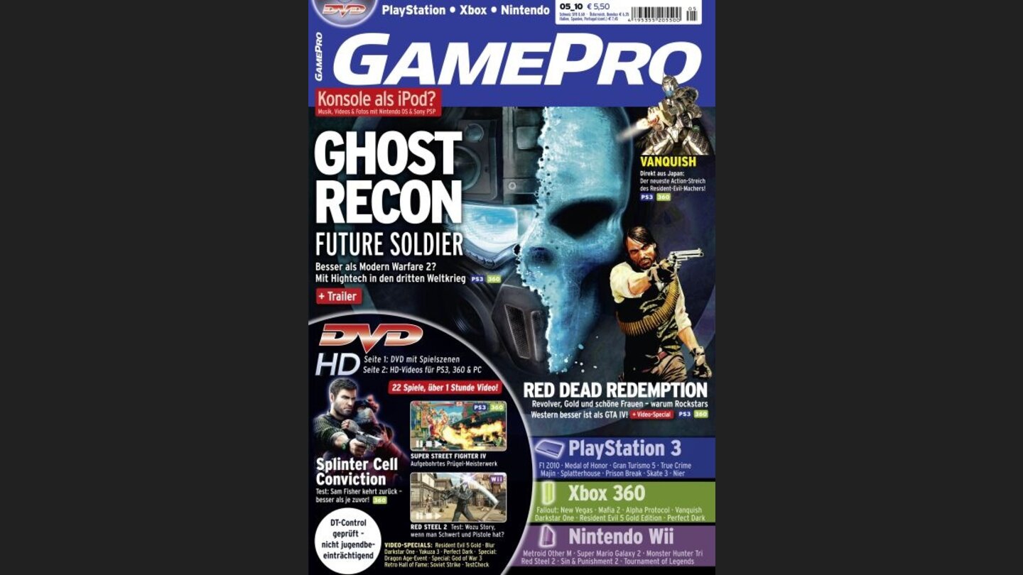 GamePro 052010mit Ghost Recon Future Soldier-Titelstory und Tests zu Red Steel 2, Splinter Cell: Conviction und Yakuza 3. Außerdem: Previews zu F! 2010, Red Dead Redemption und Mafia 2.