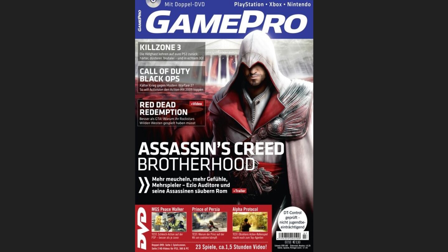 GamePro 072010mit Assassins Creed: Brotherhood-Titelstory und Tests zu Alpha Protocol, Blur und Red Dead Redemption. Außerdem: Previews zu Call of Duty: Black Ops, Killzone 3 und The Witcher 2.