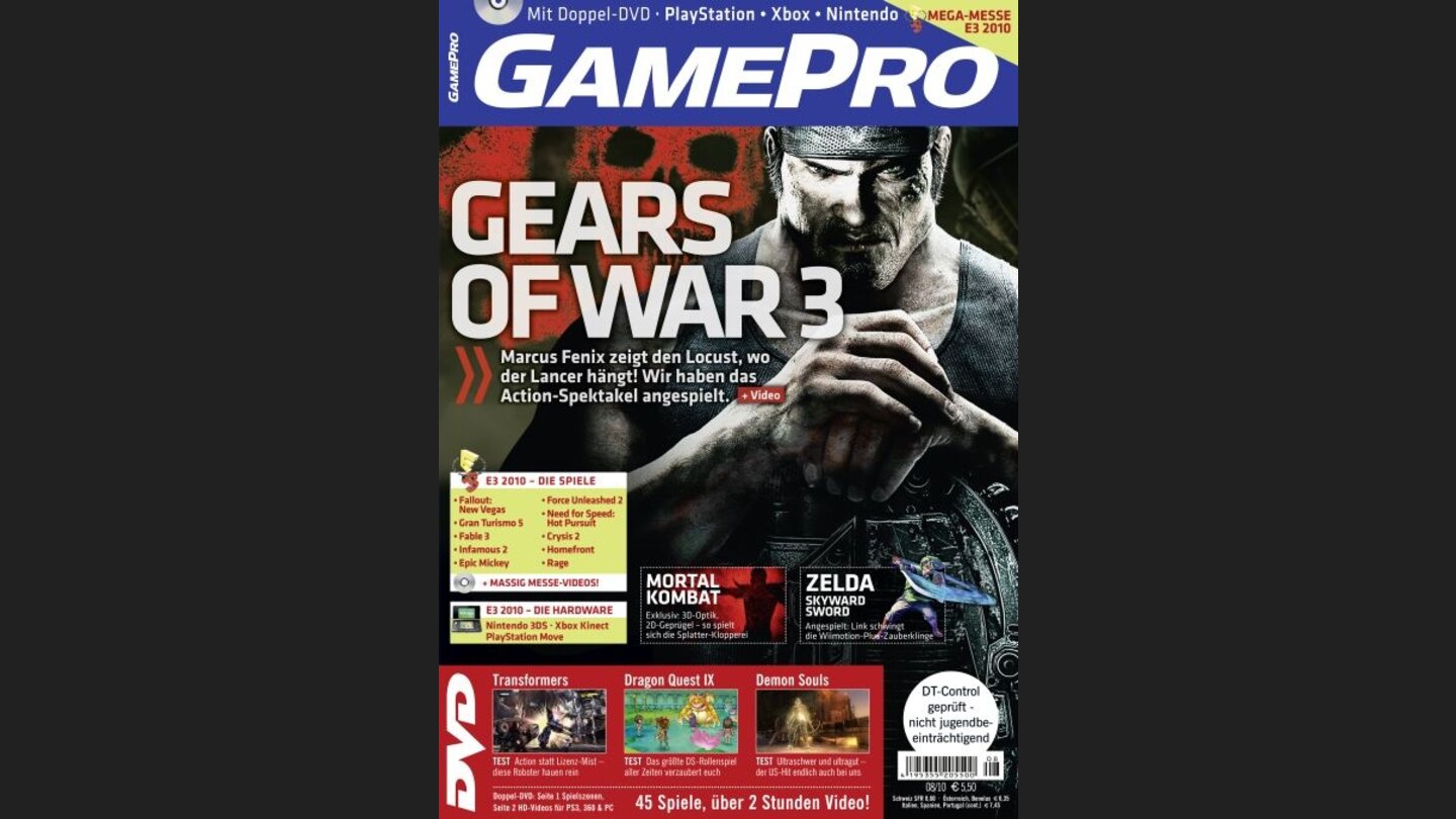 GamePro 082010mit Gears of War 3-Titelstory und Tests zu Transformers, Dragon Quest IX und Demons Souls. Außerdem: Previews zu Crysis 2, Fallout: New Vegas und Zelda: Skyward Sword.