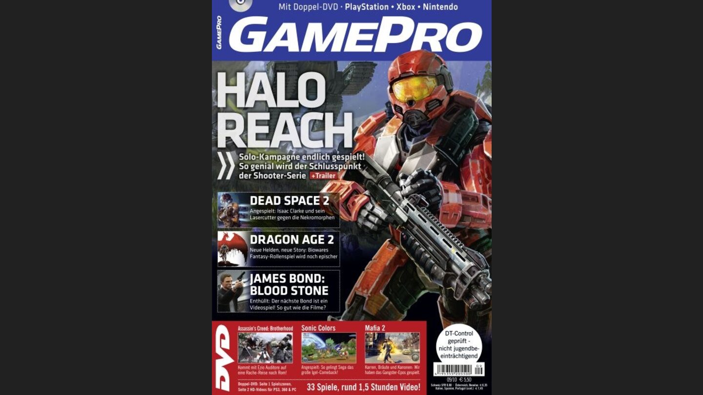 GamePro 092010mit Halo: Reach-Titelstory und Tests zu Dementium 2, Naughty Bear und Summer Challange. Außerdem: Previews zu Dead Space 2, FIFA 11 und Metal Gear Solid: Rising.