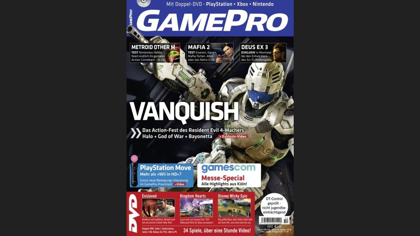 GamePro 102010mit Vanquish-Titelstory und Tests zu Mafia 2, Metroid: Other M und HAWX 2. Außerdem: Previews zu Deus Ex, Dirt 3 und Gran Turismo 5.