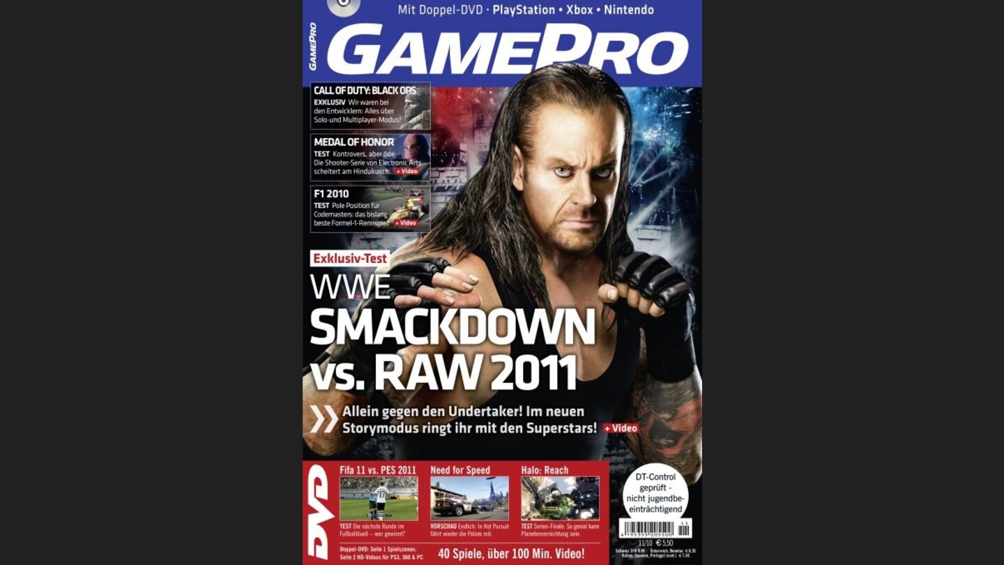 GamePro 112010mit WWE-Titelstory und Tests zu Guitar Hero: Warriors of Rock, Halo: Reach und Vanquish. Außerdem: Previews zu Arkham City, Black Ops und Duke Nukem Forever.