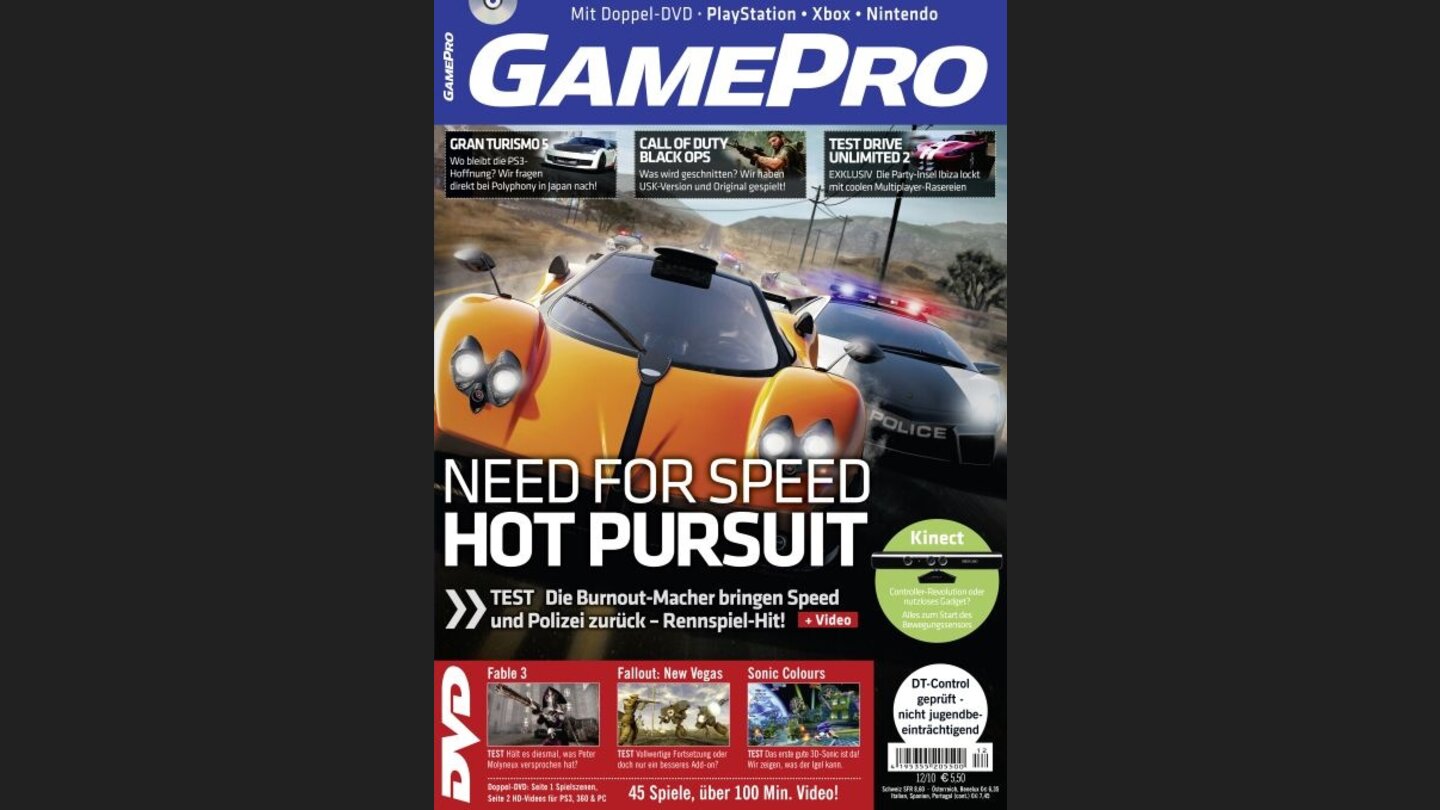 GamePro 122010mit NfS: Hot Pursuit-Titelstory und Tests zu Fable 3, Fallout: New Vegas und Rock Band 3. Außerdem: Previews zu Black Ops, Majin and the Forsaken Kingdom und Tron.