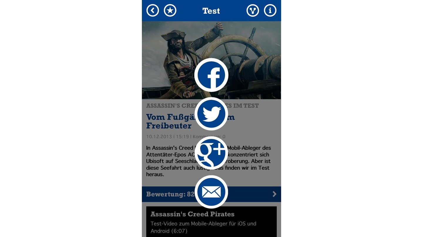Die neue GameStar-AppTeilen macht glücklich: Die Sharing-Funktion verlinkt zu Facebook, Twitter und Google Plus.