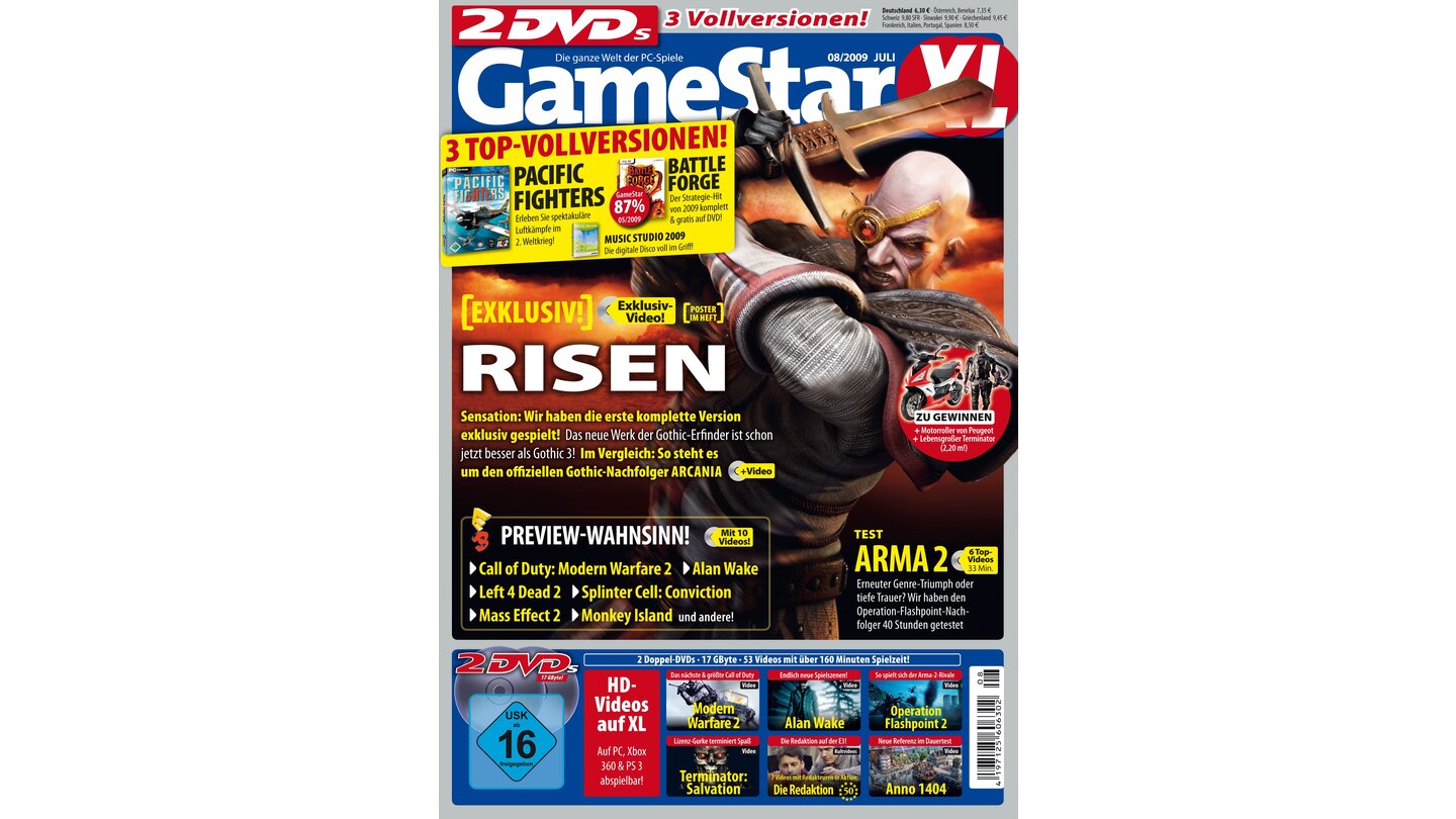 GameStar 8/2009Risen-Titelstory über die Story und die Fraktionen. Außerdem: E3-Previews und Tests zu Arma 2, Damnation, Call of Juarez: Bound in Blood, Anno 1404, The Void und Fuel. Report über die coolsten Spiele-Weltrekorde.