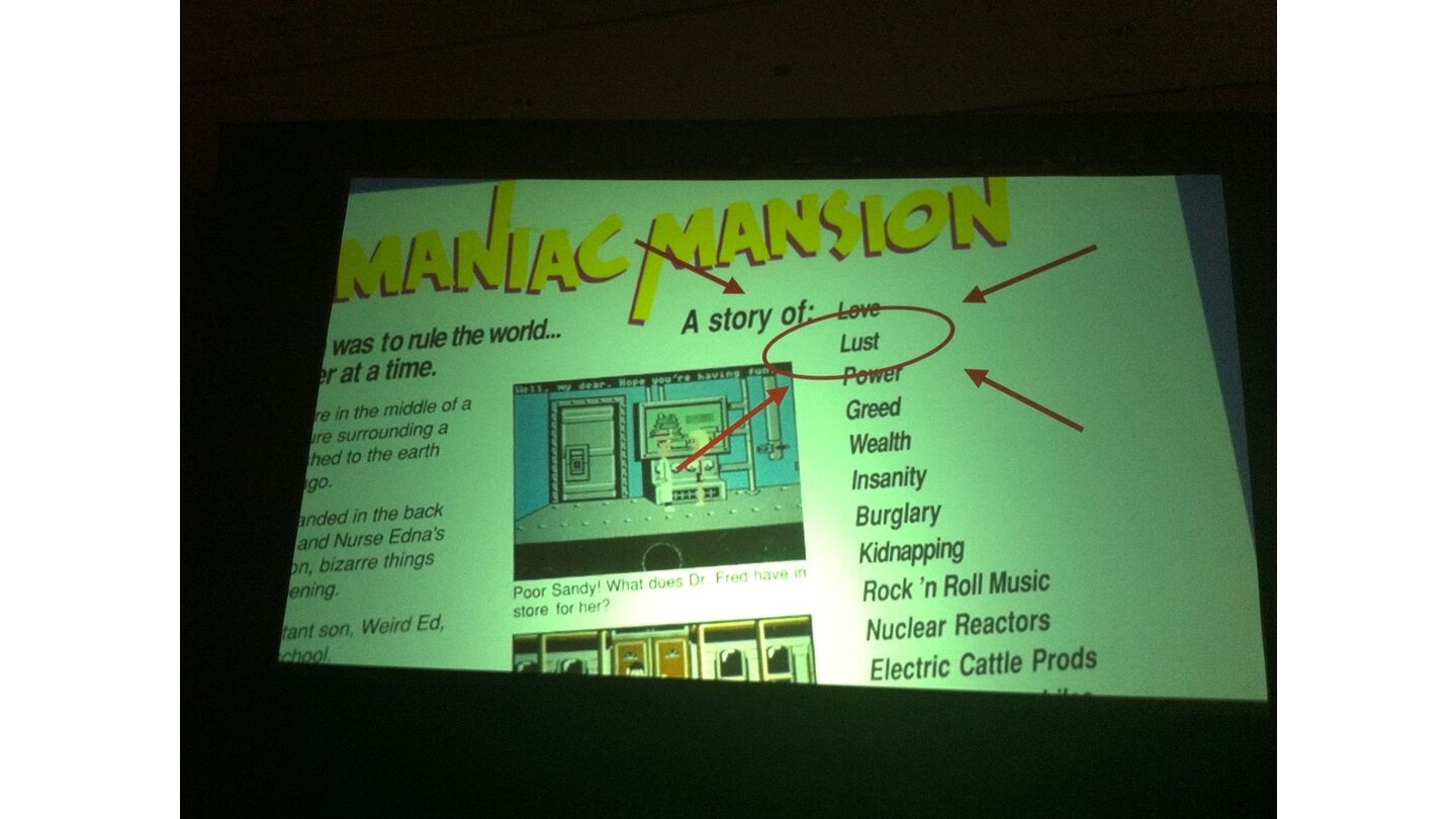 GDC 2011 VorträgeClassic Game Post Mortem zu Maniac Mansion: Das Wort „Lust“ auf der Verpackung hätte um ein Haar die Veröffentlichung in den großen Supermarktketten der USA verhindert.