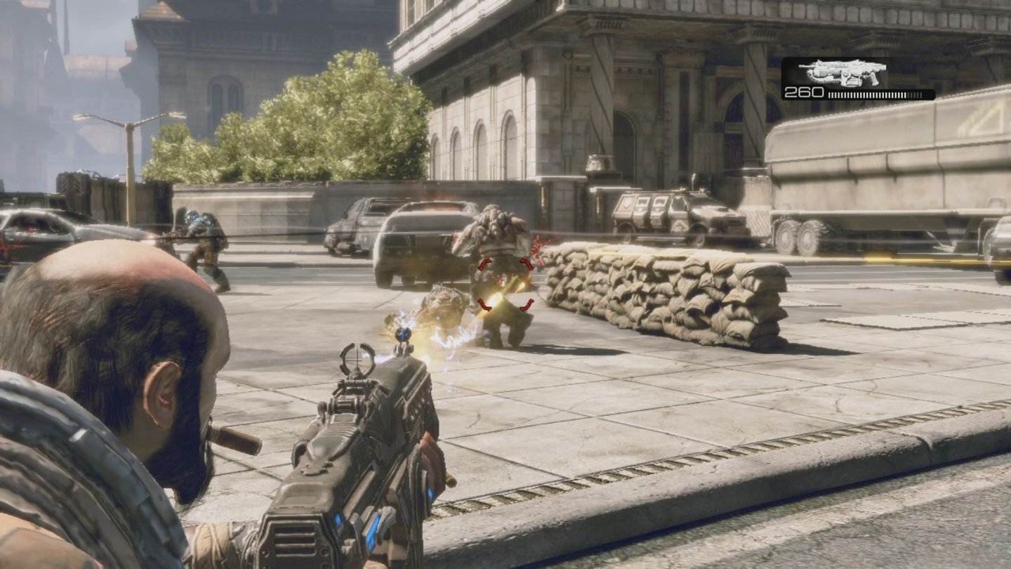Gears of War 3: RAAM's ShadowAuch im erbittertsten Straßenkampf verzichtet Michael Barrick nicht auf seine Zigarre.