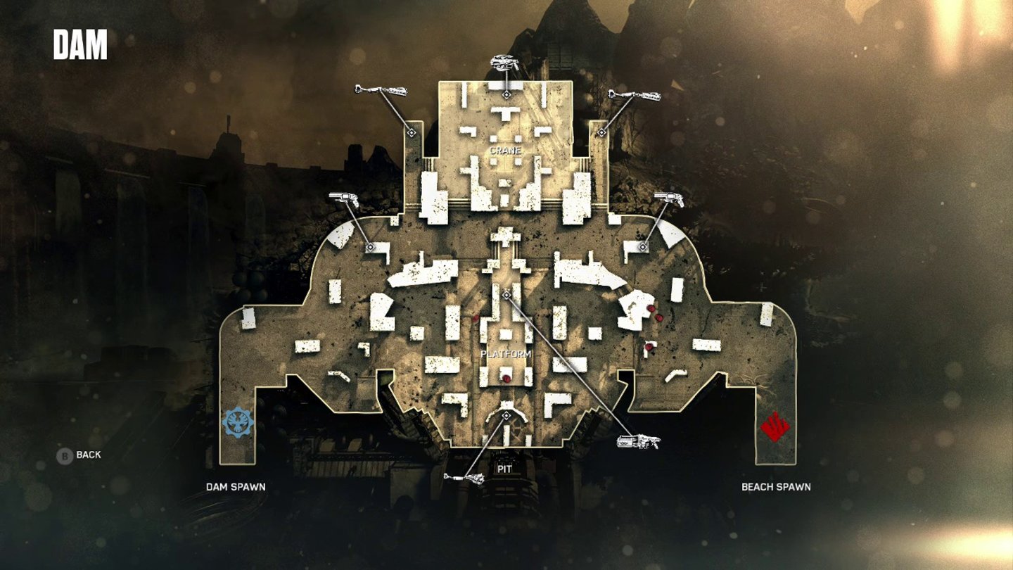 Gears of War 4Die drei von uns gespielten Karten sind allesamt symmetrisch aufgebaut und optisch recht eintönig. Starke Waffen sind (wie hier bei der Map »Dam«) in abgelegenen Ecken versteckt.