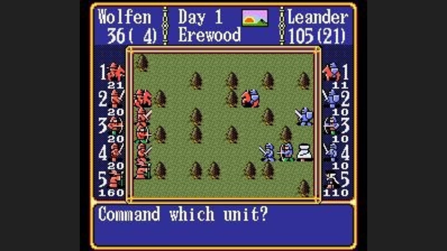 Up to five units can participate in battles. The units size is shown on the left and right side of the screen.
