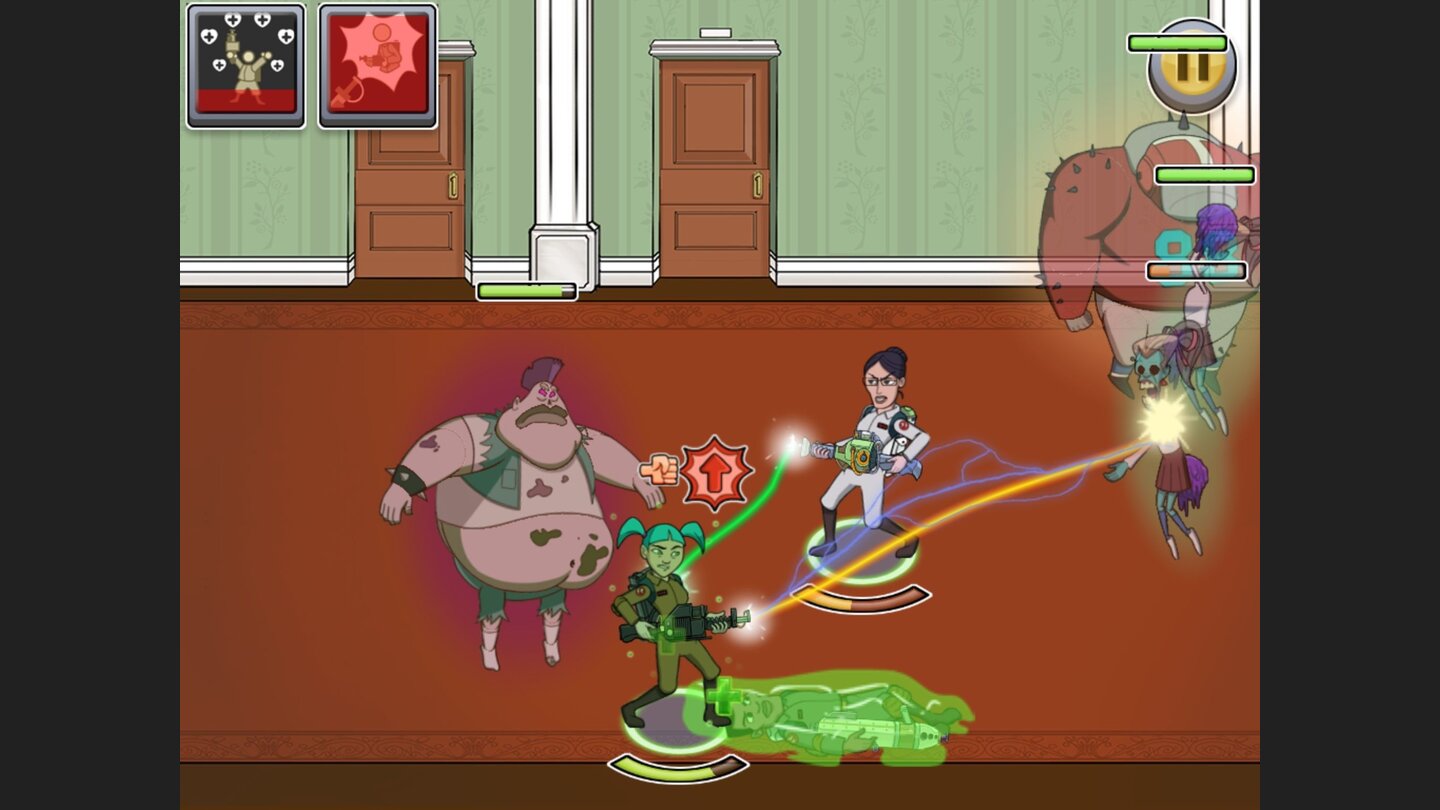 GhostbustersVollgeschleimt! Fällt der Lebensbalken, so enden unsere Geisterjäger als regungsloses Schleimpaket am Boden.