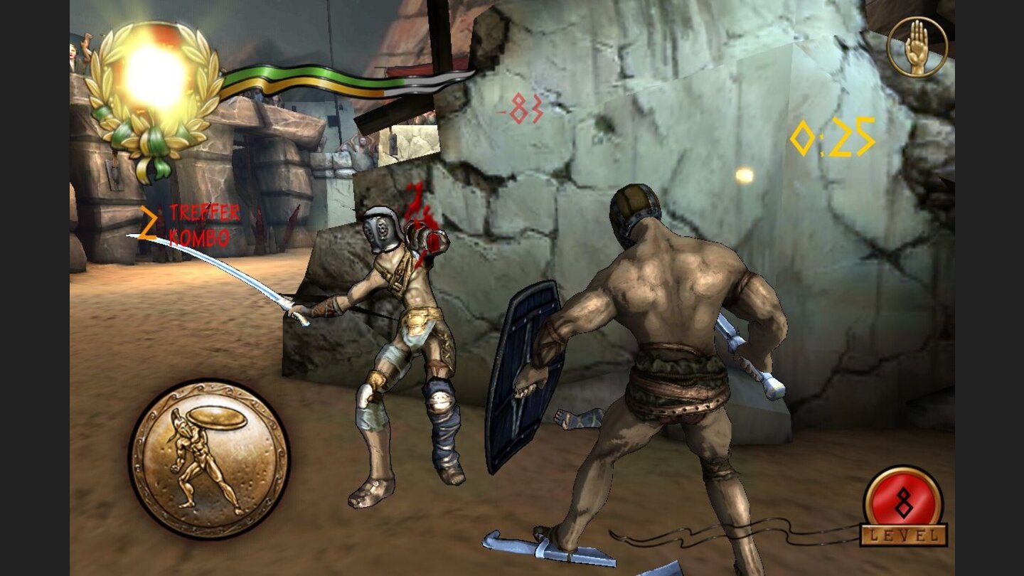 Es ist daher wichtig, die Menge immer gut zu unterhalten (Lorbeerblatt-Anzeige). Denn dann jubelt uns die Menge zu und wir können über den Button oben Links im Bild immer wieder einen kleinen Obolus von den Zuschauern bekommen.