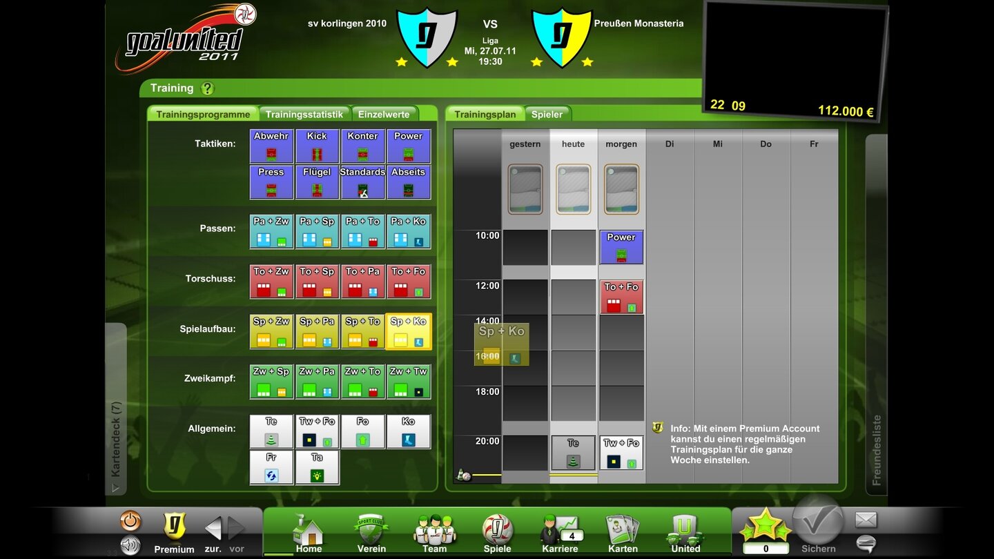 Goalunited 2011Den Trainingsplan bedienen Sie genauso. Tooltips erklären fast jedes Icon, „Sp + Ko“ heißt zum Beispiel „Spielaufbau und Kondition“.