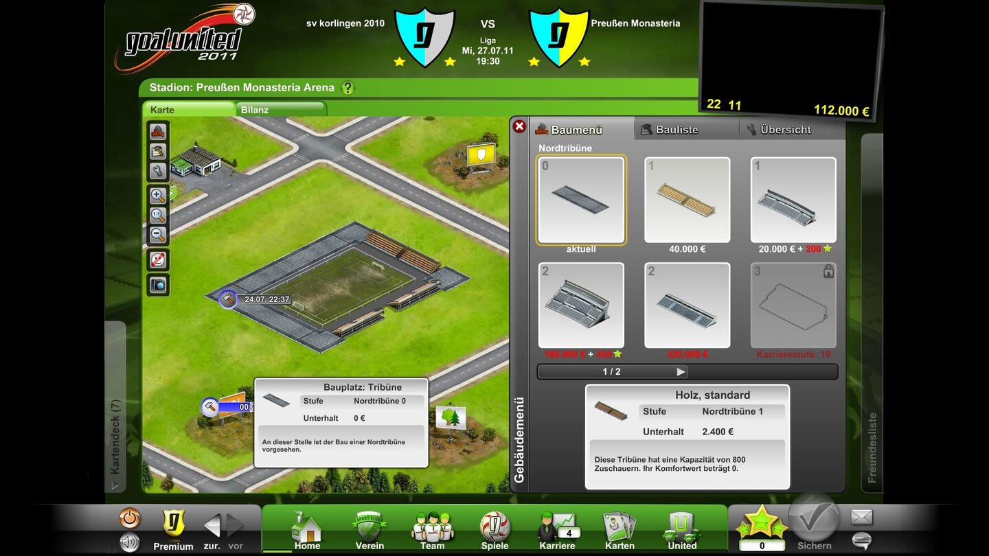 Goalunited 2011Der Stadionausbau läuft zum Glück nicht in Echtzeit, die ersten Ausbauten und Nebengebäude sind binnen Minuten fertig, hochstufige Bauten in Stunden und Tagen.