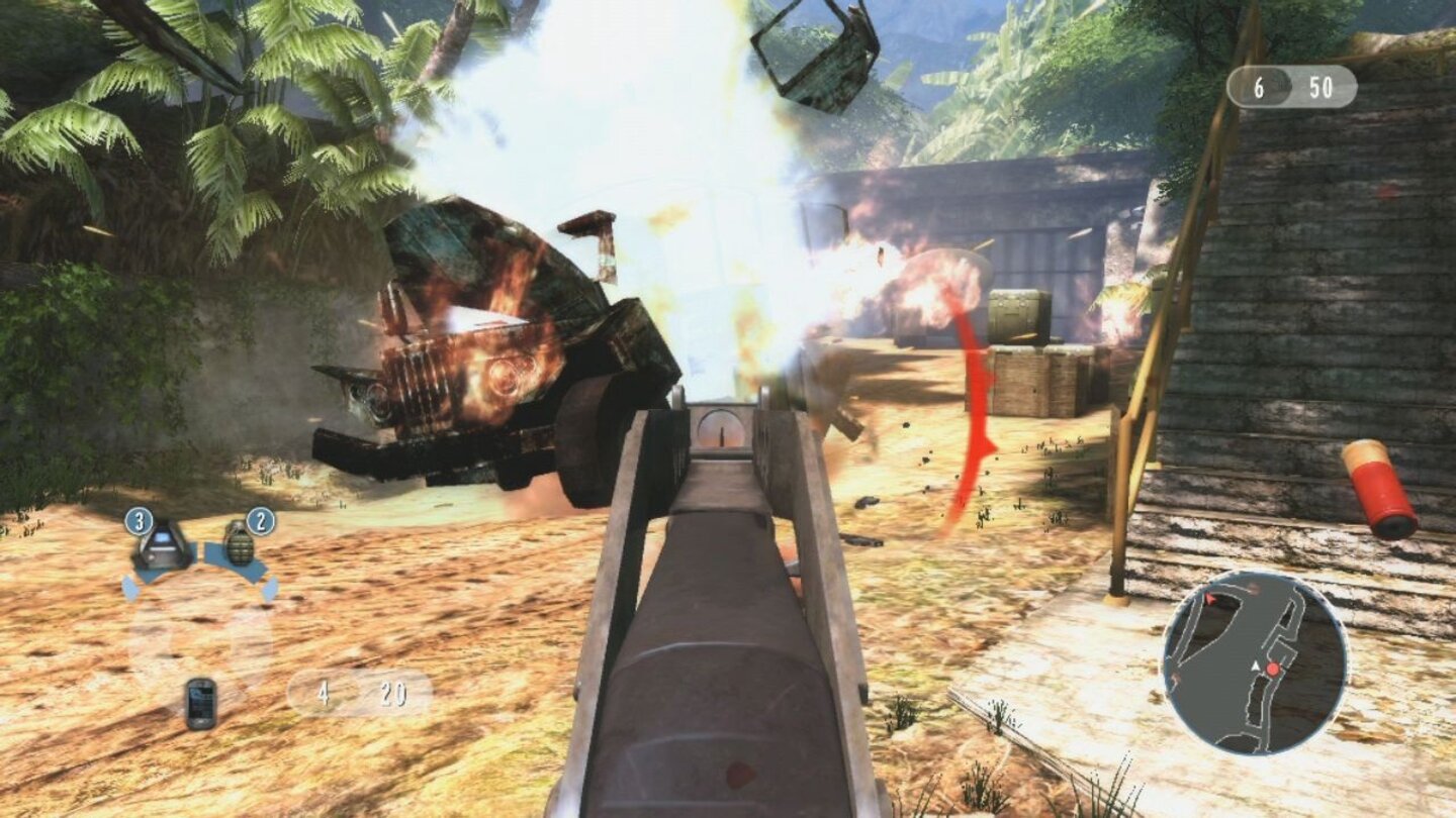 GoldenEye 007 ReloadedFahrzeuge lassen sich mit einem Schuss auf den roten Tank spektakulär in die Luft jagen.