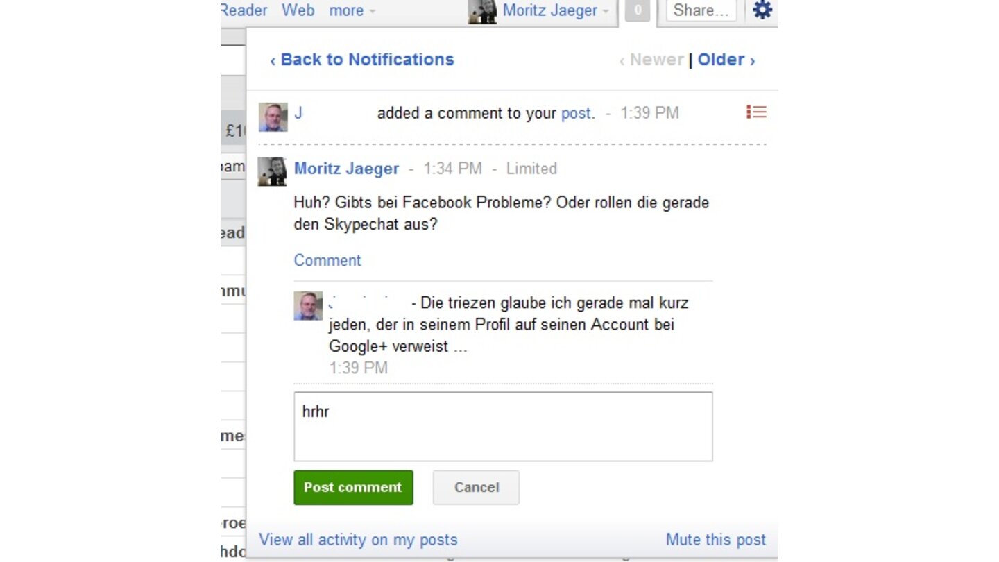 Google Plus Antwort auf Eintrag in Benachrichtigung