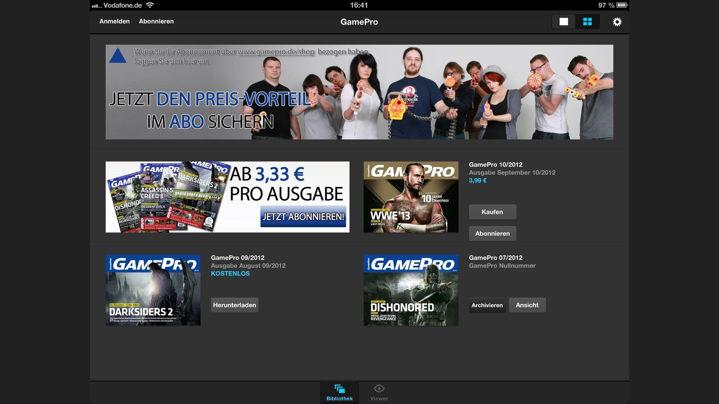 GamePro für Tablets
Verfügbare sowie bereits gekaufte Ausgaben zeigt die »Kiosk«-Startseite der Tablet-GamePro.
