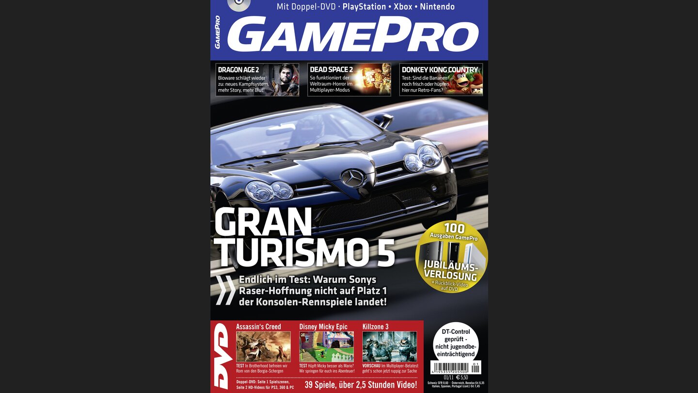 GamePro 012011mit Gran Tourismo 5-Titelstory und Tests zu Donkey Kong Country Returns, Assasins Creed Broderhood und Disney Micky Epic. Außerdem: Previews zu Killzone 3,Dragon Age 2 und Dead Space 2.