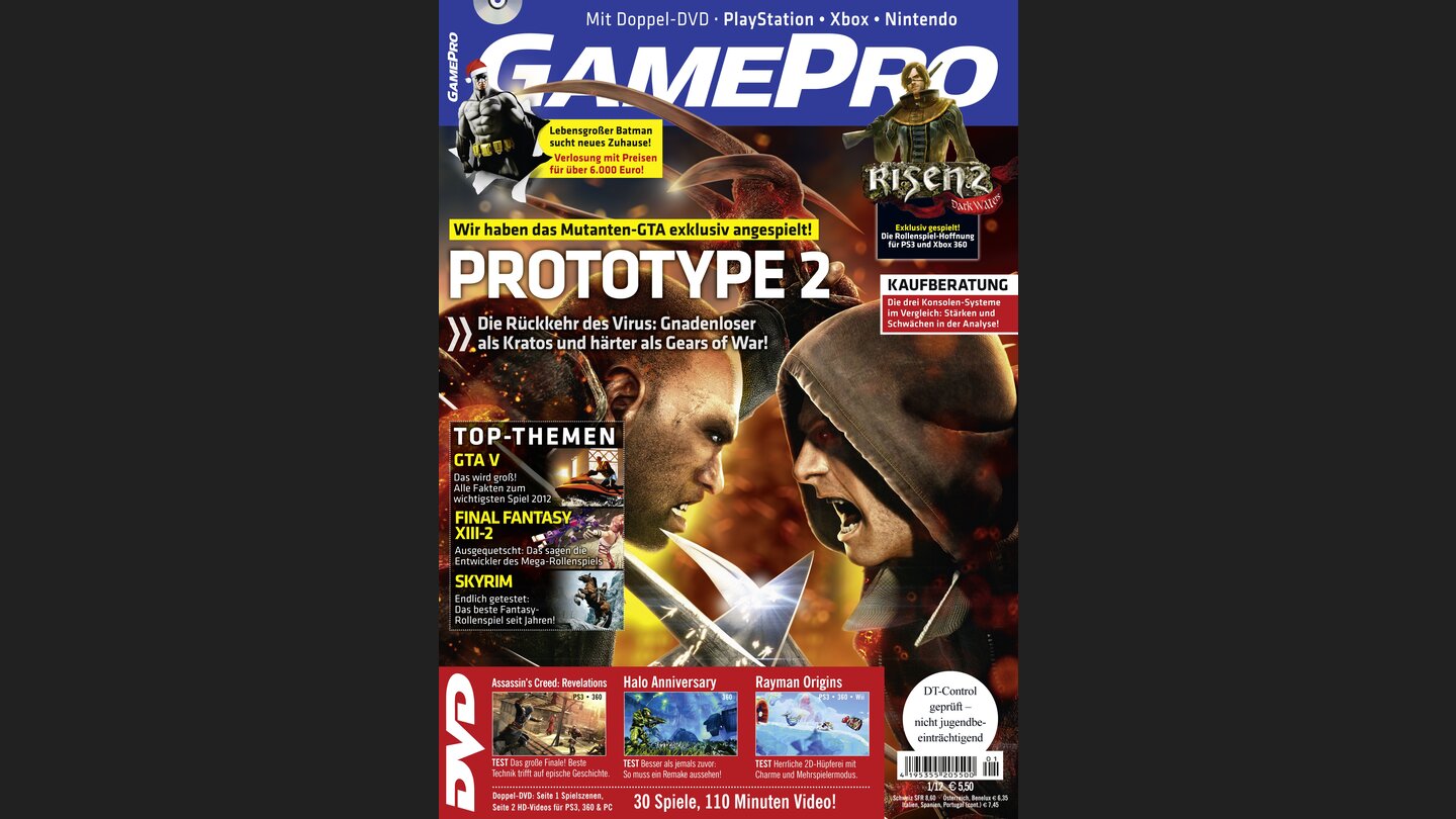 GamePro 012012mit Prototype 2-Titelstory und Tests zu Assasins Creed: Revelations, Halo Anniversary und Rayman Origins. Außerdem: Previews zu GTA V, Risen 2 und Resident Evil: Revelations.