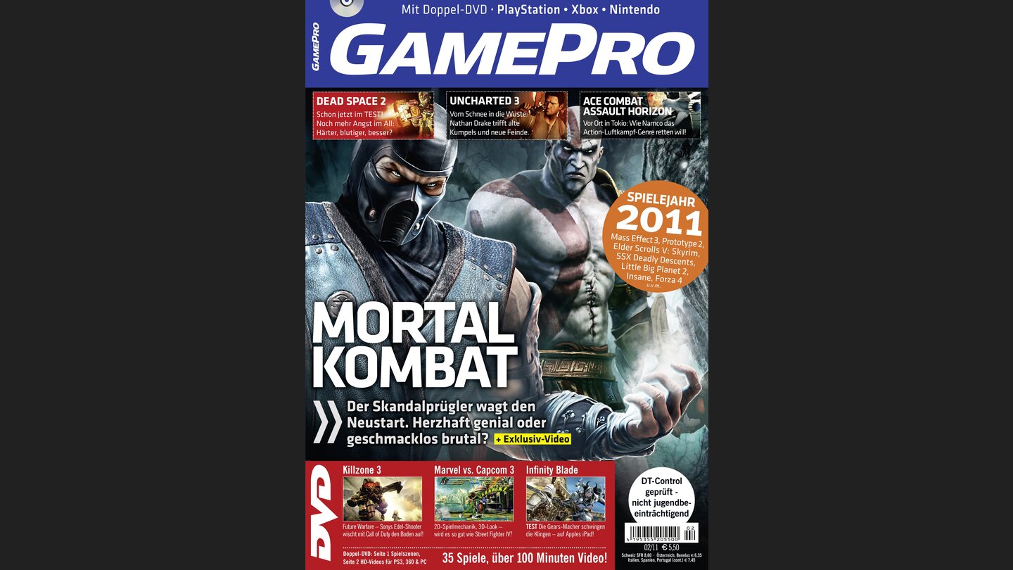 GamePro 022011mit Mortal Kombat-Titelstory und Tests zu Infinity Blade, Battlefield BC 2: Vietnam und Mario Sports Mix. Außerdem: Previews zu Killzone 3, Dead Space 2 und Marvel vs. Capcom 3.