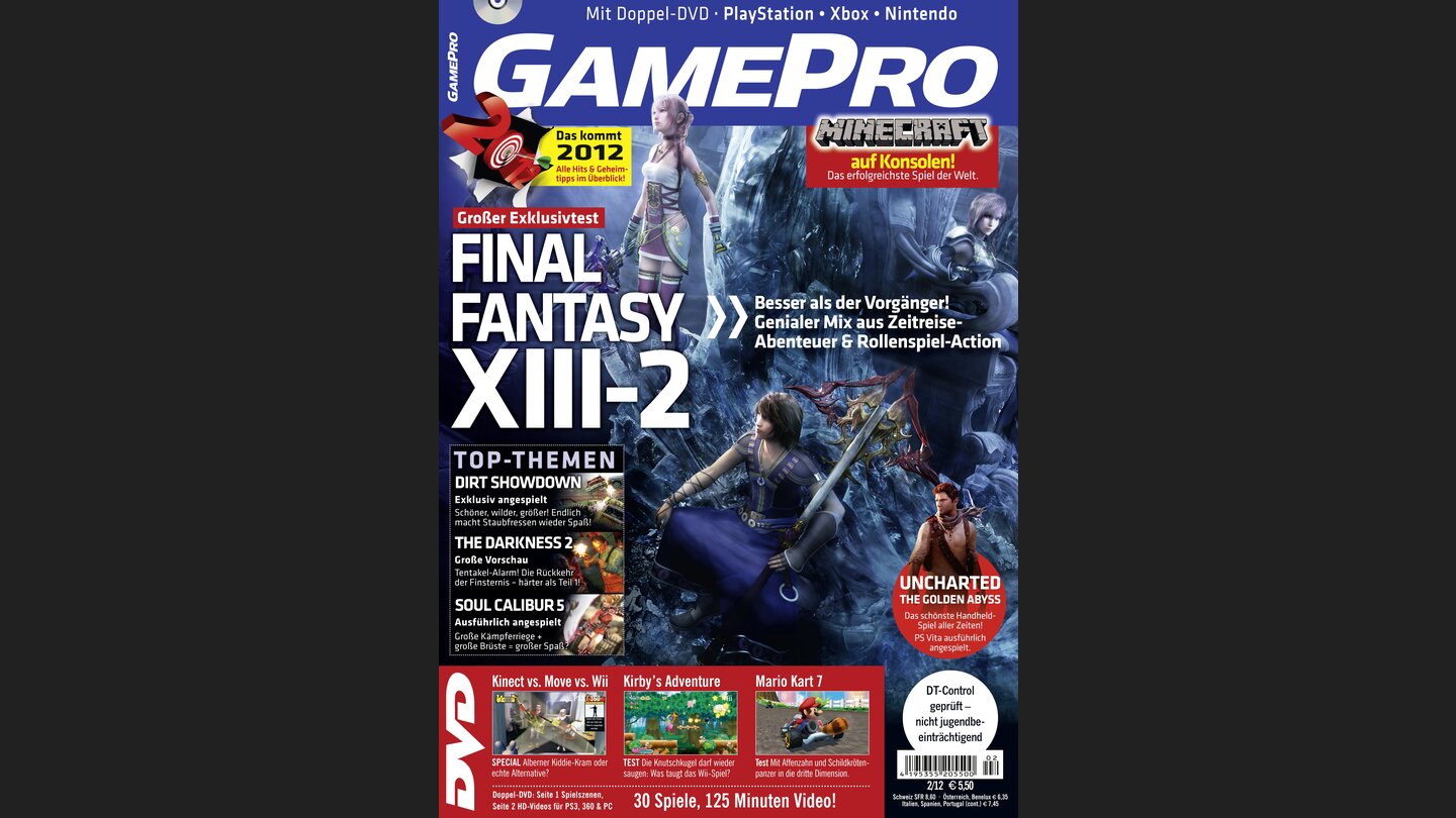 GamePro 022012mit Final Fantasy XIII-2-Titelstory und Tests zu Kirbys Adventure, Mario Kart 7 und Tekken Hybrid. Außerdem: Previews zu Metal Gear Rising: Revengeance, Ninja Gaiden 3 und Soul Calibur 5.