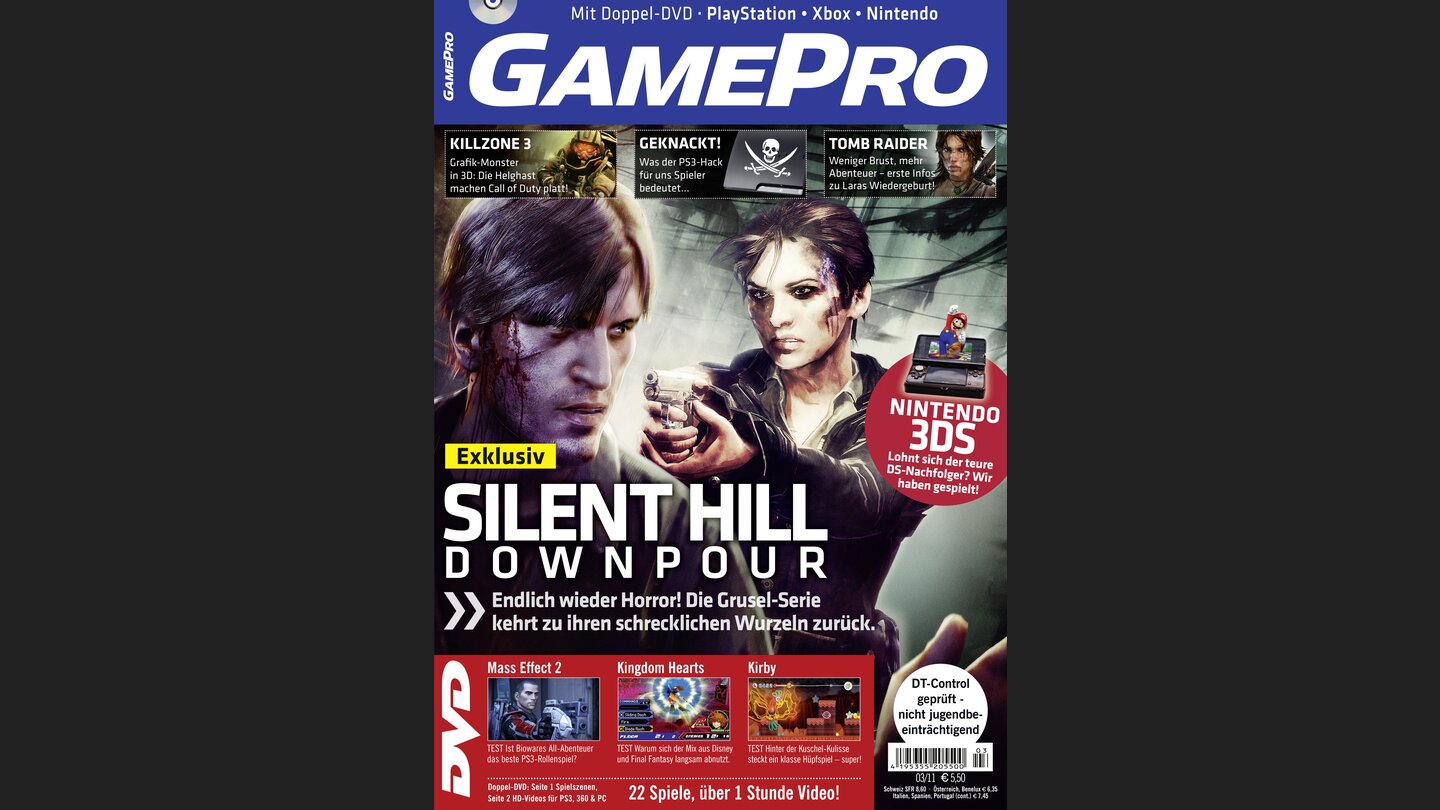 GamePro 032011mit Silent Hill Downpour-Titelstory und Tests zu Mass Effect 2, Kingdom Hearts: Re:coded und Kirby und das magische Garn. Außerdem: Previews zu Crysis 2, Kid Icarus: Uprising und Zelda: Ocarina of Time 3D.