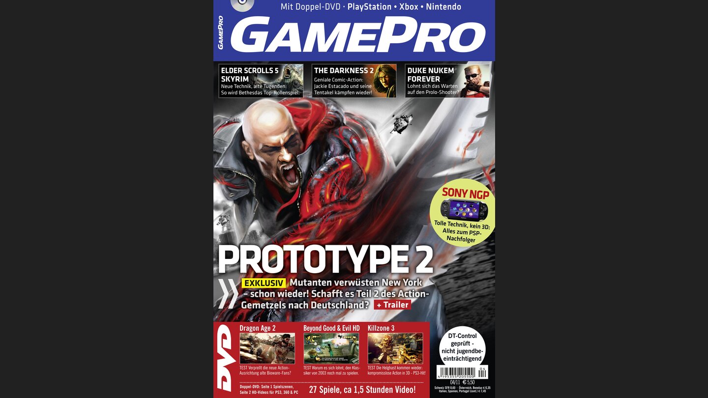 GamePro 042011mit Prototype 2-Titelstory und Tests zu Dragon Age 2, Beyond Good + Evil HD und Killzone 3. Außerdem: Previews zu The Elder Scrolls 5 Skyrim, The Darkness 2 und Duke Nukem Forever.
