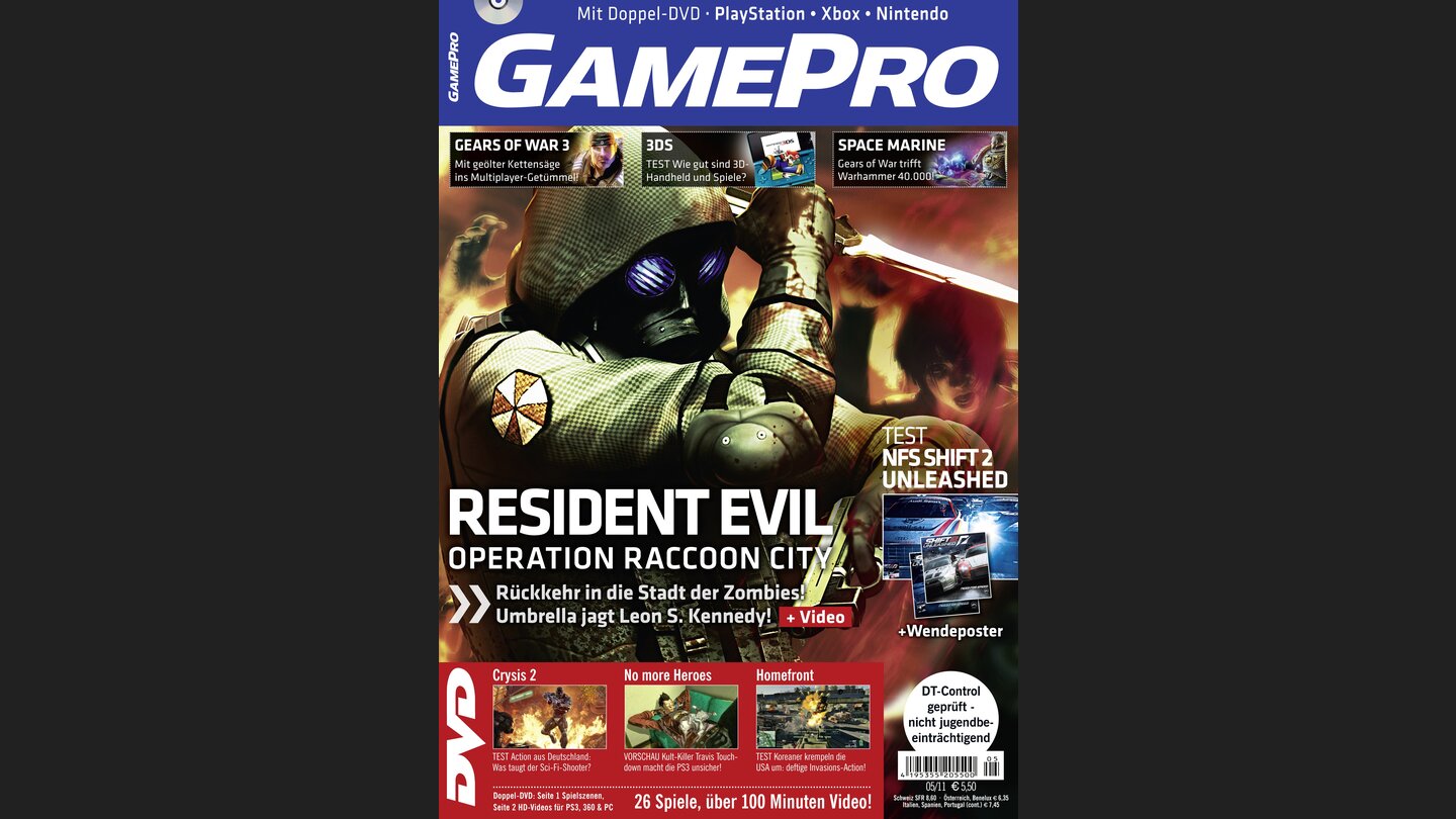 GamePro 052011mit Resident Evil Operation Raccoon City-Titelstory und Tests zu Crysis 2, Homefront und dem Nintendo 3DS. Außerdem: Previews zu Mortal Kombat, No more Heroes und Call Of Juarez 3.