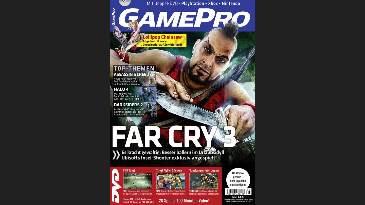 GamePro 052012mit Far Cry 3-Titelstory und Tests zu FIFA Street, Street Fighter X Tekken und Pandoras Tower. Außerdem: Previews zu Transformers Fall of Cybertron, Halo 4 und Max Payne 3.
