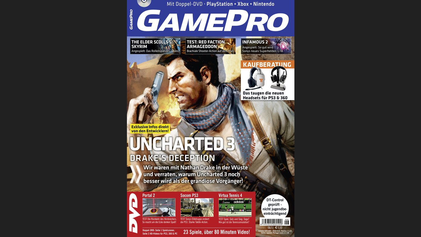 GamePro 062011mit Uncharted 3-Titelstory und Tests zu Portal 2, Socom PS3 und Virtua Tennis 4. Außerdem: Previews zu The Elder Scrolls 5 Skyrim, Dragons Dogma und Infamous 2.