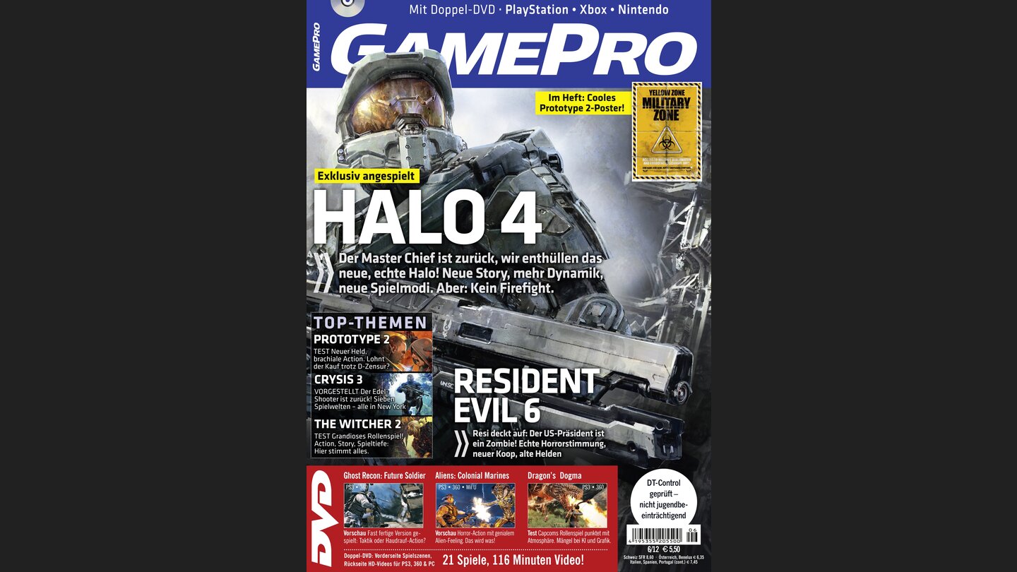 GamePro 062012mit Halo 4-Titelstory und Tests zu Dragons Dogma, The Witcher 2 und Prototype 2. Außerdem: Previews zu Ghost Recon: Future Soldier, Aliens: Colonial Marines und Lost Planet 3.