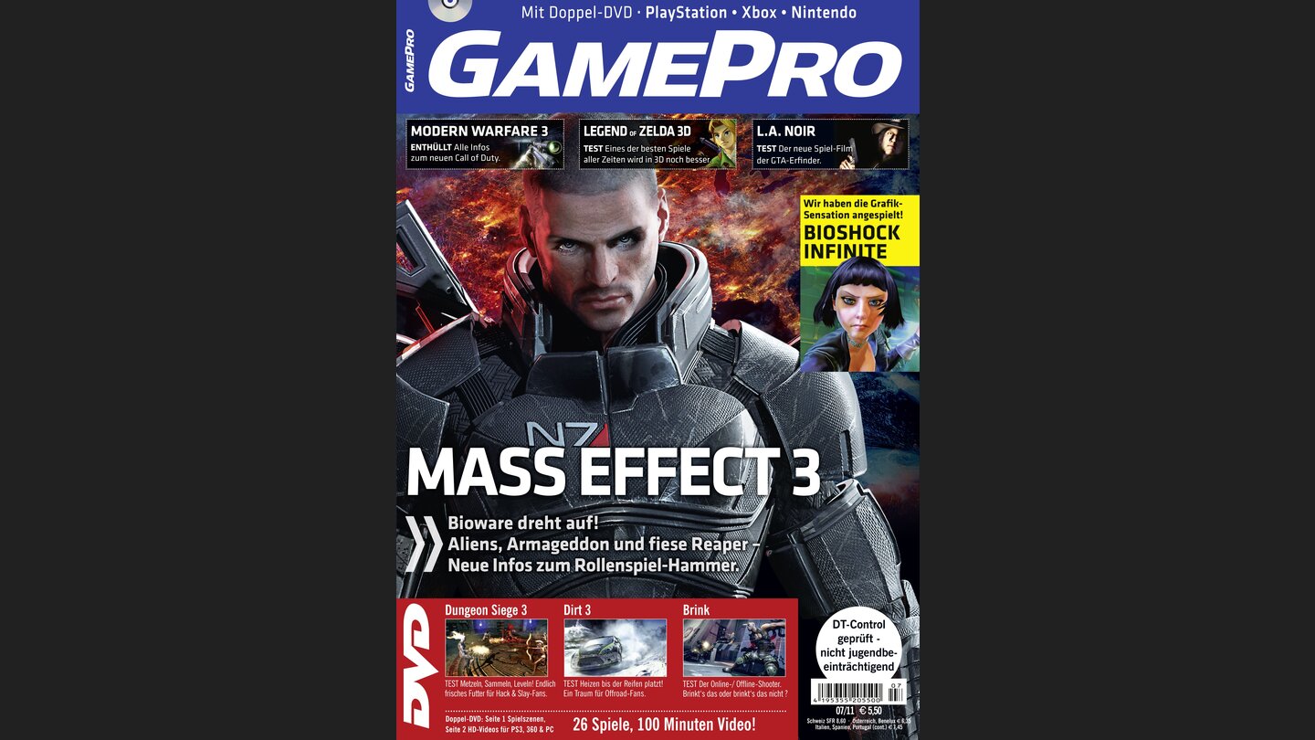 GamePro 072011mit Titelstory zu Mass Effect 3 und Tests zu Ocarina of Time 3D, L.A. Noire und Dirt 3. Außerdem: Previews zu Bioshock Infinite, Call of Duty: Modern Warfare 3 und Deus Ex: Human Revolution.