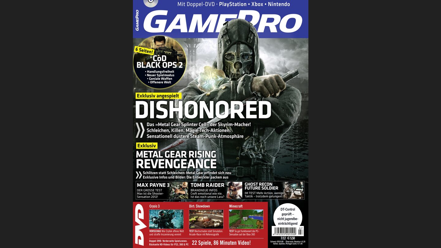GamePro 072012mit Dishonored-Titelstory und Tests zu Max Payne 3, Minecraft 360 und Ghost Recon: Future Soldier. Außerdem: Previews zu Call of Duty: Black Ops 2, Inversion und Hitman: Absolution.