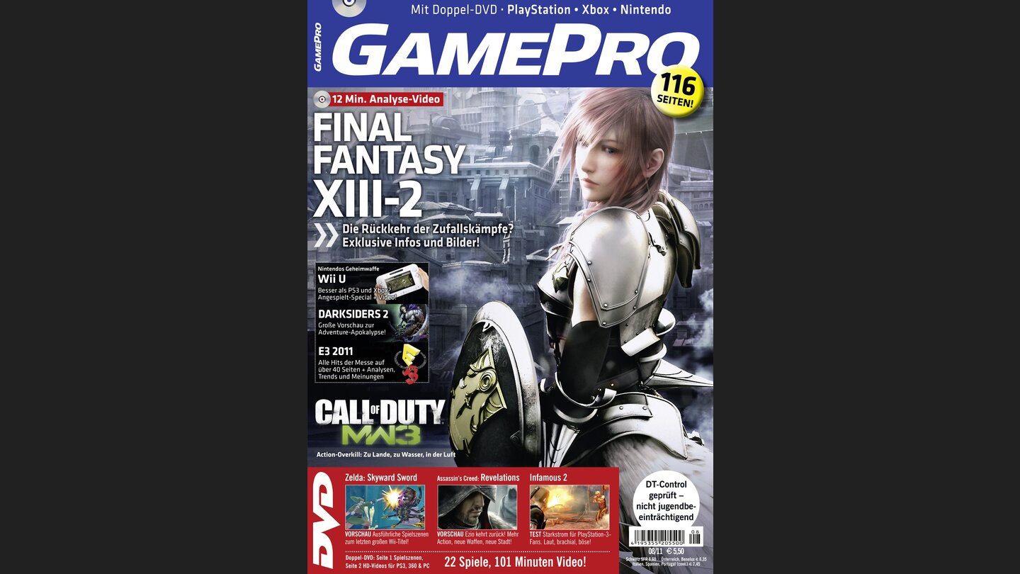 GamePro 082011mit Final Fantasy XIII-2-Titelstory und Tests zu Infamous 2, Duke Nukem Forever und Alice: Madness Returns. Außerdem: Previews zu Aliens: Colonial Marines, Batman Arkham City und Darksiders 2.