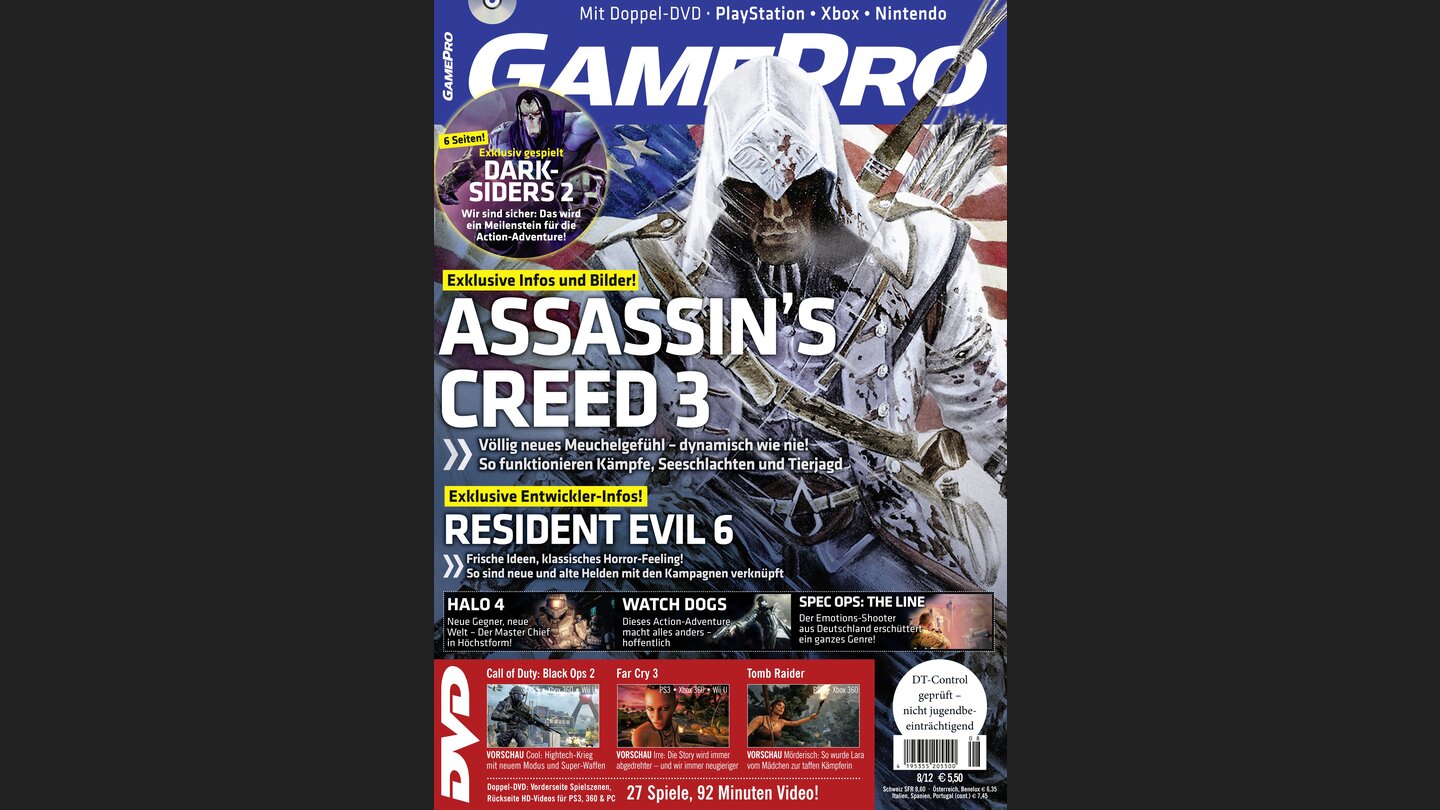 GamePro 082012mit Assasins Creed 3-Titelstory und Tests zu Lollipop Chainsaw, Game of Thrones und Spec Ops: The Line. Außerdem: Previews zu Gears of War: Judgment, Pikmin 3 und The Last of US.