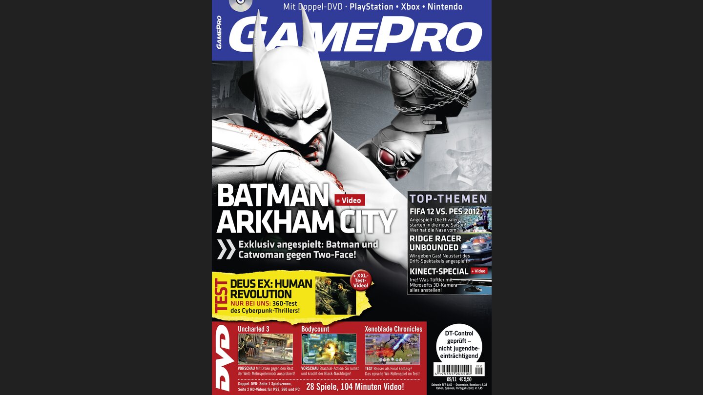 GamePro 092011mit Batman Arkham City-Titelstory und Tests zu Xenoblade Chronicles, Call of Juarez: The Cartel und Deus Ex: Human Revolution. Außerdem: Previews zu Catherine, The Darkness 2 und The Witcher 2: Assasins of Kings.