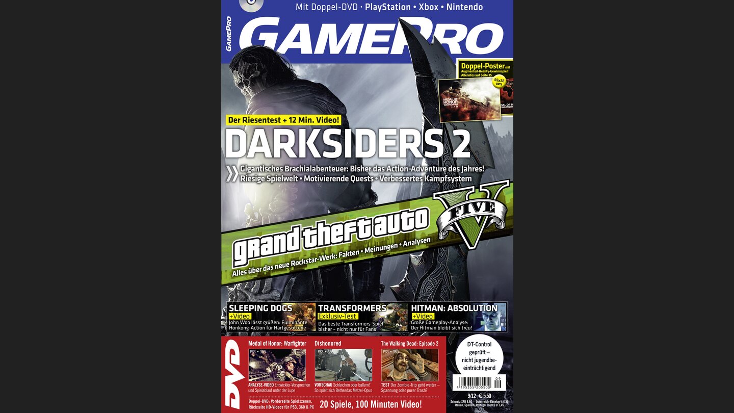 GamePro 092012mit Darksiders 2-Titelstory und Tests zu Risen 2, Transformers: Untergang von Cybertron und Sleeping Dogs. Außerdem: Previews zu Resident Evil 6, Ni No Kuni: Der Fluch der weißen Königin und Borderlands 2.