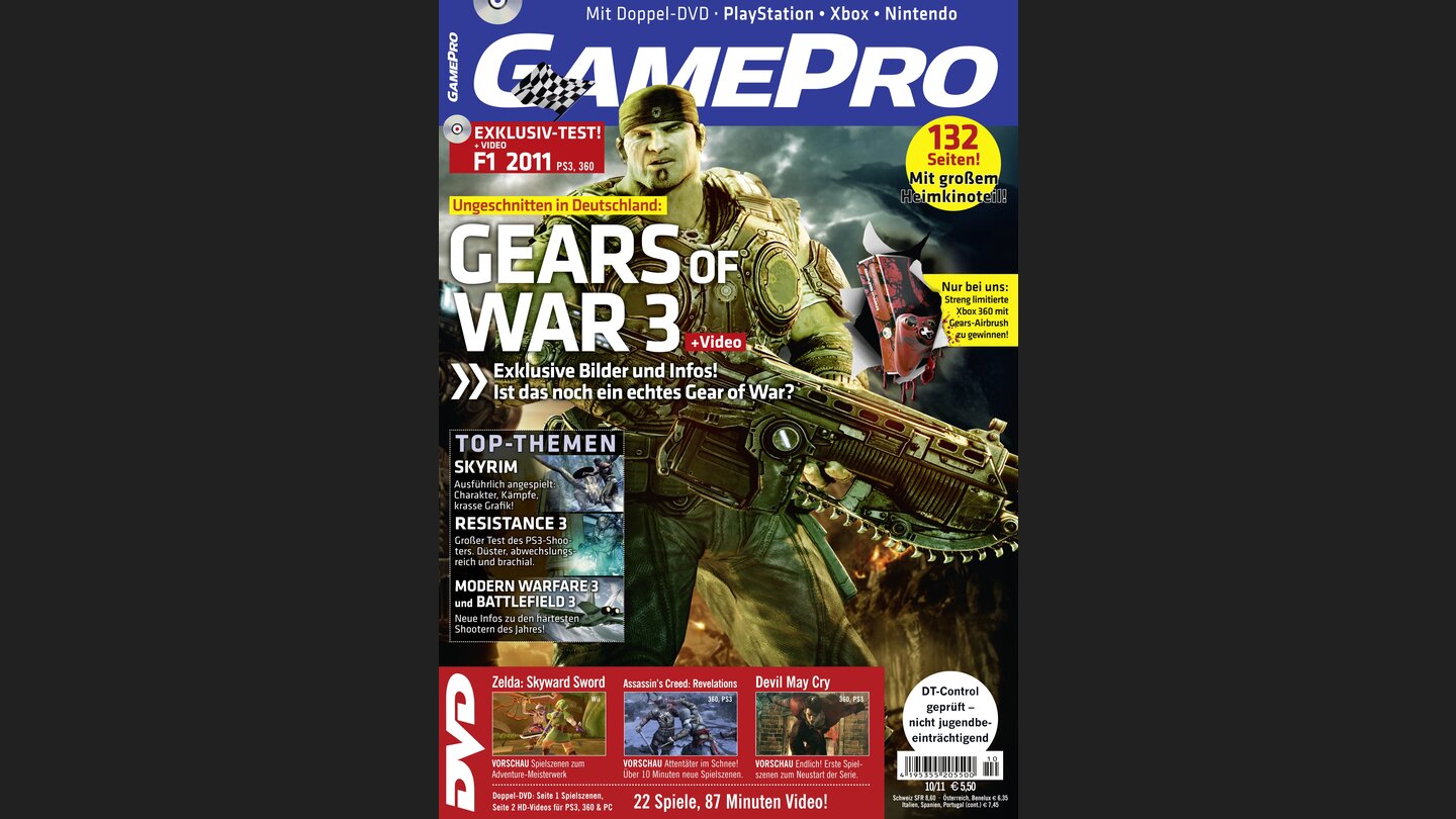 GamePro 102011mit Gears of War 3-Titelstory und Tests zu Arcana Heart 3, Resistance 3 und Starfox 64 3DS. Außerdem: Previews zu Zelda: Skyward Word, Assasins Creed: Revelations und Devil May Cry.