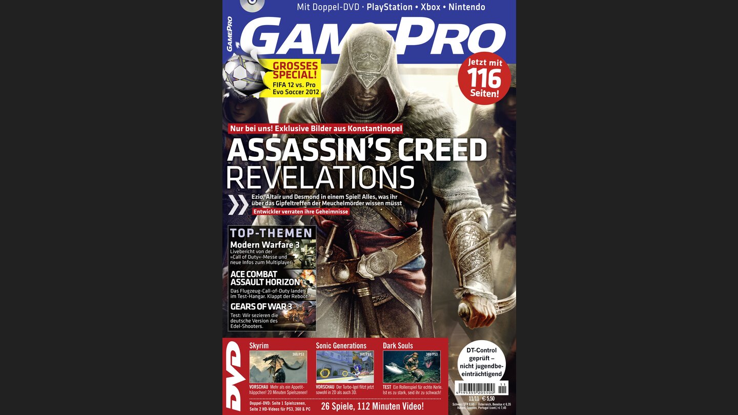 GamePro 112011mit Assasins Creed Revelations-Titelstory und Tests zu Dark Souls, FIFA 12 und Gears of War 3. Außerdem: Previews zu Battlefield 3, Kingdoms of Amalur: Reckoning und The Elders Scrolls V: Skyrim.