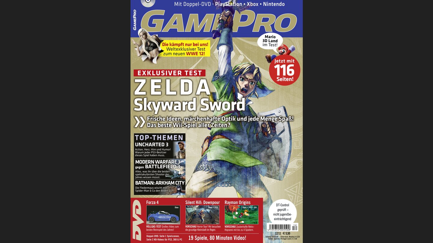 GamePro 122011mit The Legend of Zelda: Skyward Sword-Titelstory und Tests zu Batman:Arkham City, Super Mario 3D Land und Rage. Außerdem: Previews zu Final Fantasy XIII-2, Max Payne 3 und Rayman Origins.