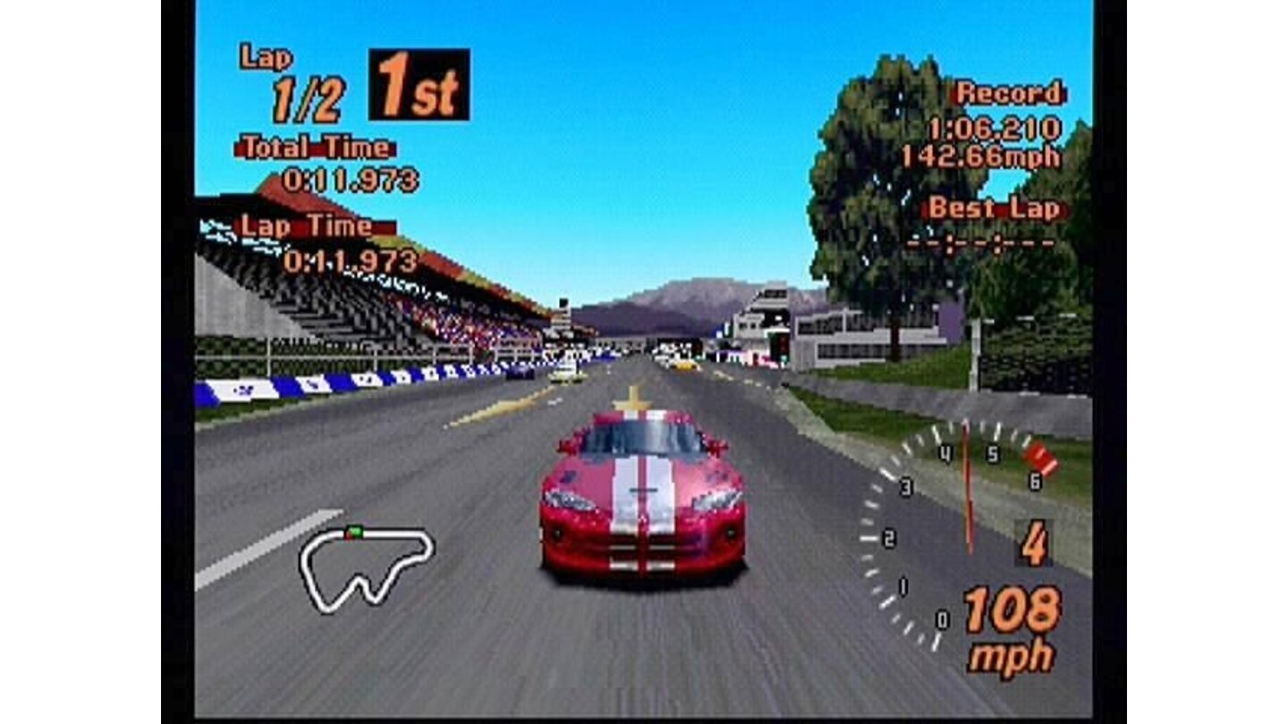 Solid Snake. The Dodge Viper takes an early lead in the race in this rear view shot.