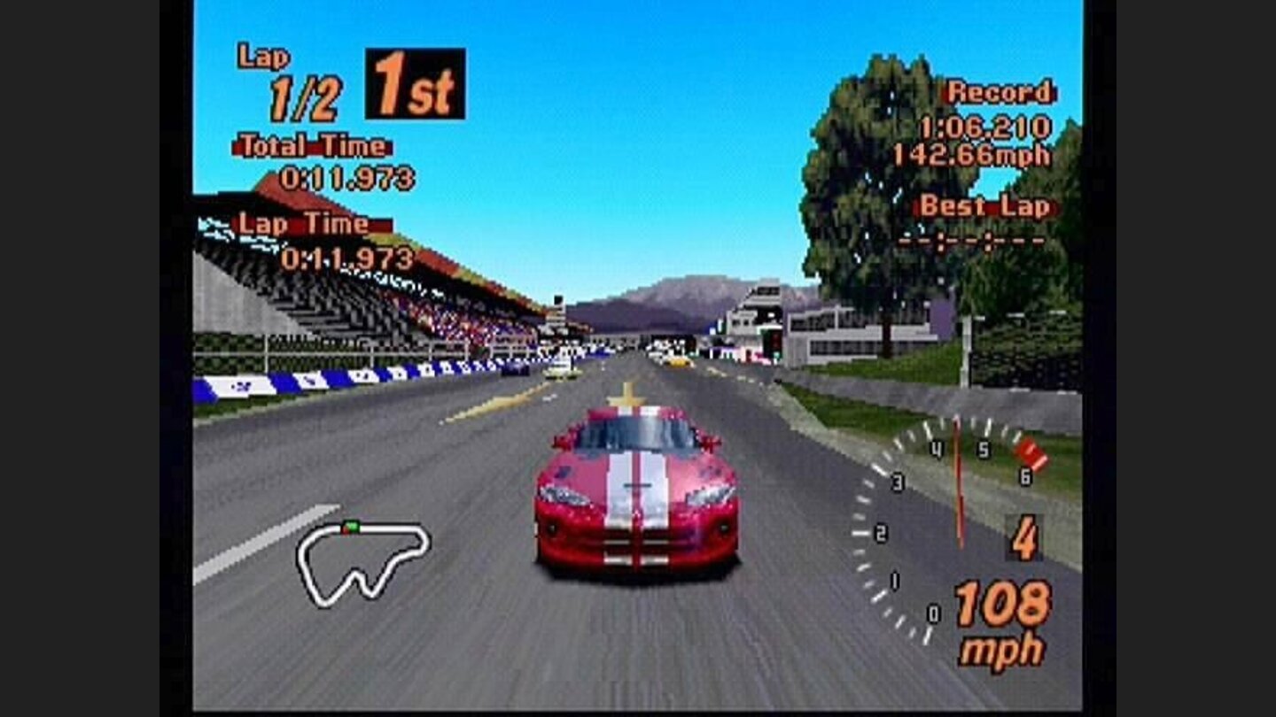 Solid Snake. The Dodge Viper takes an early lead in the race in this rear view shot.