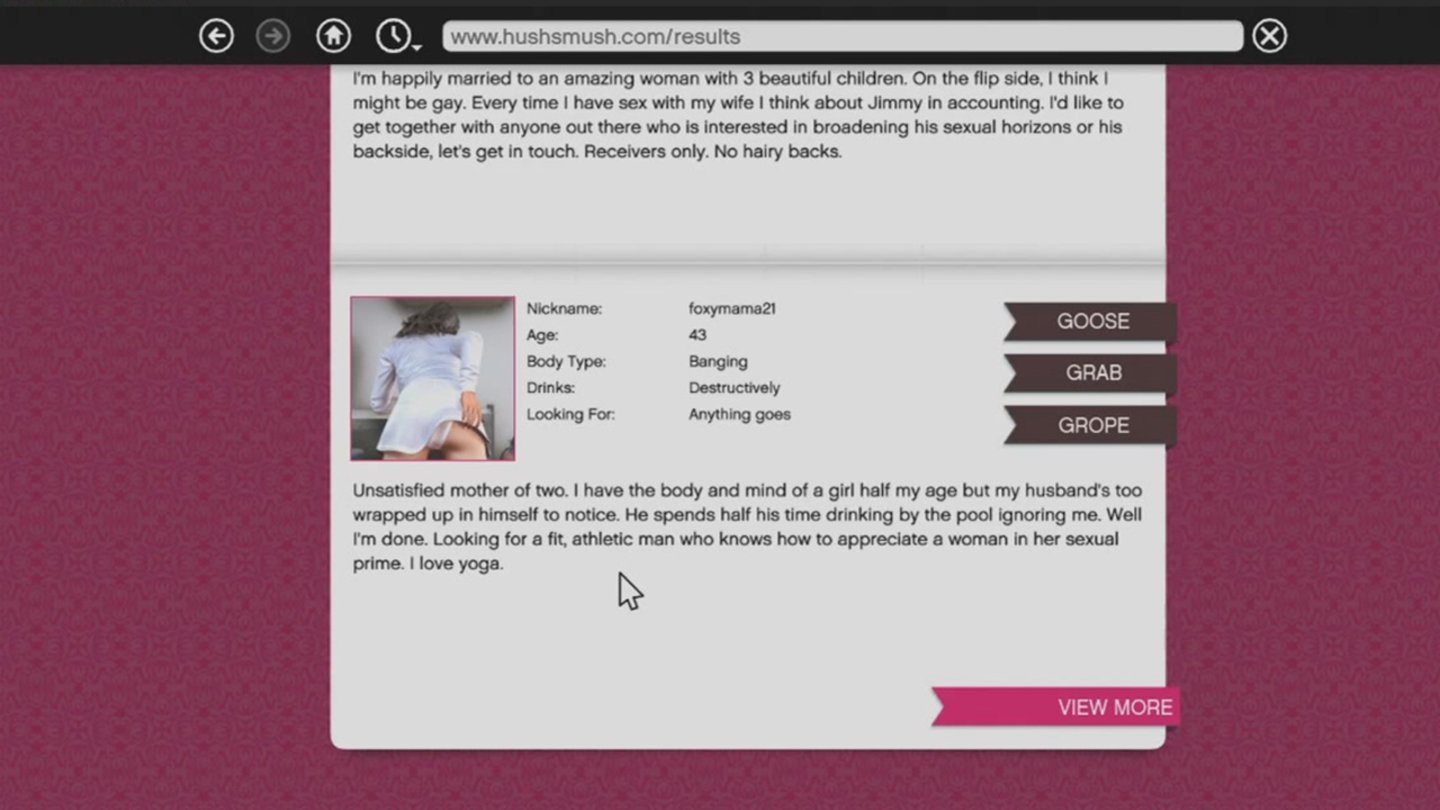 GTA 5 – Hushmush
Auf der »Datingseite« Hushmush kann man auf das Profil von Amanda stoßen.