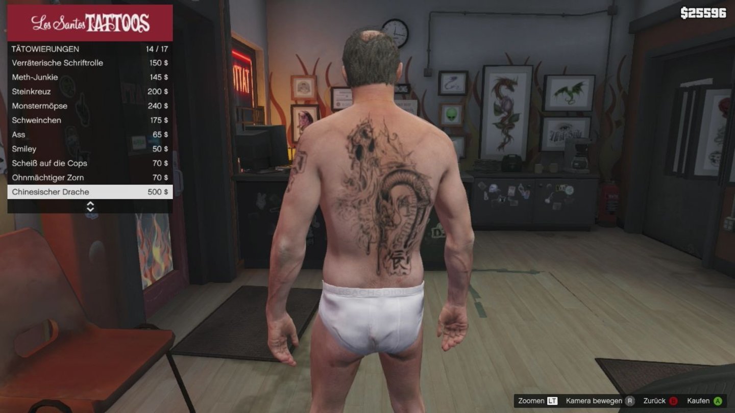 Grand Theft Auto 5So schnell kommt ihr nie wieder an ein rückenfüllendes Tattoo: Per Tastendruck zaubert ihr das Motiv auf die Haut der Spielfigur.