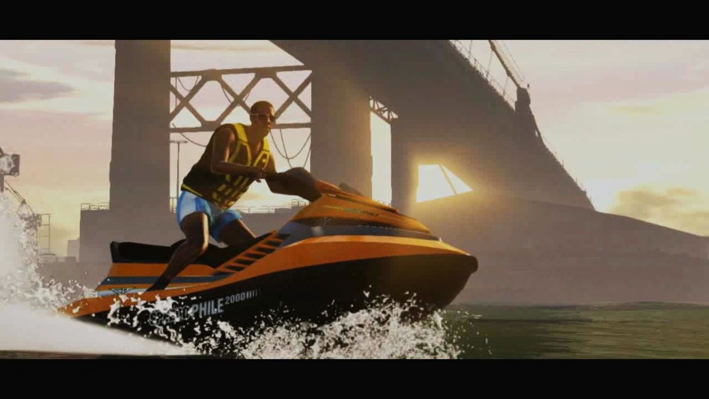 GTA 5 – Trailer-AnalyseDoch auch andere Freizeit-Aktivitäten gibt’s in Los Santos: Mit dem Jetski tobt hier jemand über den Fluss. Das war schon in GTA: Vice City Stories möglich.
