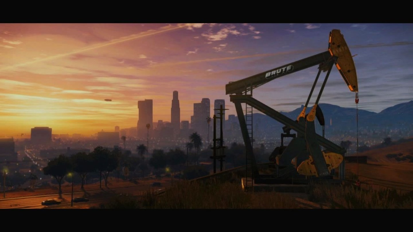 GTA 5 – Trailer-AnalyseStimmungsvoll: Am Stadtrand wippen Ölpumpen vor sich hin.