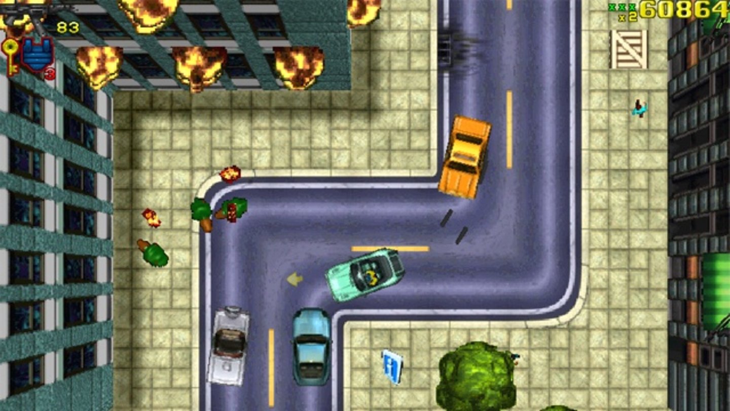 Grand Theft Auto (1997)Zum Serienauftakt der GTA-Reihe ist alles anders: 1997 firmiert der Entwickler Rockstar Games noch unter dem Titel DMA Design (Lemmings), gespielt wird aus der Vogelperspektive und auch an das Spielprinzip der Open-World-Action ist damals niemand gewöhnt. So kanzelt auch GameStar das erste GTA im Test mit 75 Spielspaßpunkten (nach dem alten Wertungssystem) als Durchschnitt ab – für die heutige Bedeutung der Serie eigentlich viel zu wenig. Und das, obwohl GTA 1 mit späteren Nachfolgern verglichen wohl die meisten Städte als begeh- und fahrbare Schauplätze zu bieten hat: Das an New York angelehnte Liberty City, die San Francisco-Persiflage San Andreas (später bekannt als San Fiero) und das GTA-Miami Vice City. Auch die fest vorgegebene Hauptfigur gibt’s damals nicht: So wählt der Spieler in Grand Theft Auto den Protagonisten aus mehreren Schurken und Schurkinnen aus. Das allgemeine Spielprinzip ist aber bis heute erhalten geblieben: Verschiedene Auftraggeber verlangen von uns Mord und Totschlag, die Polizei versucht uns hingegen davon abzuhalten. Also ballern wir entweder zu Fuß oder klauen eines von zahlreichen (nicht lizenzierten) Autos, Lastwagen oder Motorrädern. Wem das allein zu fad wird, der kann GTA 1 auch über IP-Eingabe in den Mehrspieler-Modi Cannonball Run (Checkpoint-Rennen) und Deathmatch spielen. Grand Theft Auto wurde nicht nur für DOS und Windows, sondern auch für PlayStation 1 und Game Boy Color veröffentlicht.