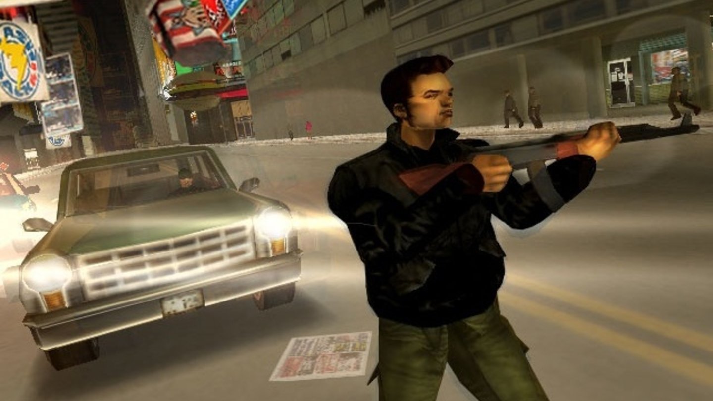 Grand Theft Auto 3 (2001)Nach dem Mini-Schritt kommt der Sprung in die dritte Dimension: Mit GTA 3 lässt der Entwickler nicht nur 2D-Grafik und Vogelperspektive, sondern auch den Namen DMA Design hinter sich. Der auf der Renderware-Engine basierende dritte Teil der Gangster-Serie von Rockstar Games wird aus der Verfolgerperspektive komplett in 3D gespielt. Den Namen »Claude« bekommt die stumme Hauptfigur der Story von GTA 3 erst durch findige Fans, da sein Name im Spiel nie erwähnt wird und nur in Spieldateien vergraben ist. Die in Liberty City angesiedelte Geschichte folgt Claude (nicht verwandt mit dem Helden aus Teil 2) auf einem Rachefeldzug gegen seine Ex Catalina, die nach einem missglückten Raubüberfall auf ihn schießt und zurücklässt. Anders als in den Vorgängern ist nicht mehr ein bestimmter Punktwert sondern das Erfüllen von Missionen für den Fortschritt in der Kampagne entscheidend.So erforscht Claude nach und nach drei Bezirke von Liberty City und erfüllt dabei unzählige Missionen für untereinander verfeindete Gangsterbanden und Mafia-Familien. Einen Multiplayer-Modus lässt Rockstar diesmal weg. Trotzdem gibt es Mods um auch mit mehreren Spielern durch Liberty City zu toben.Während GTA 3 zunächst nur für PS2 und Xbox 1 im Laden steht, kommt die PC-Fassung erst ein Jahr später. Die Verkaufszahlen explodieren trotzdem: GTA 3 wird zum Millionenseller und ist wegbereitend für alle folgenden Spiele. Doch auch Skandale gibt’s: Mit der 3D Grafik gerät GTA 3 ins Visier von Jugendschützern. So sorgt Anwalt Jack Thompson mit einer Klage von mehr als 246 Millionen US-Dollar gegen Rockstar und Take Two für Aufsehen. Die sollen die Macher des Spiels bezahlen, weil zwei Jugendliche das Spiel als Anleitung für einen Doppelmord verwendet haben sollen. Die Klage wird jedoch kurz darauf abgewiesen.