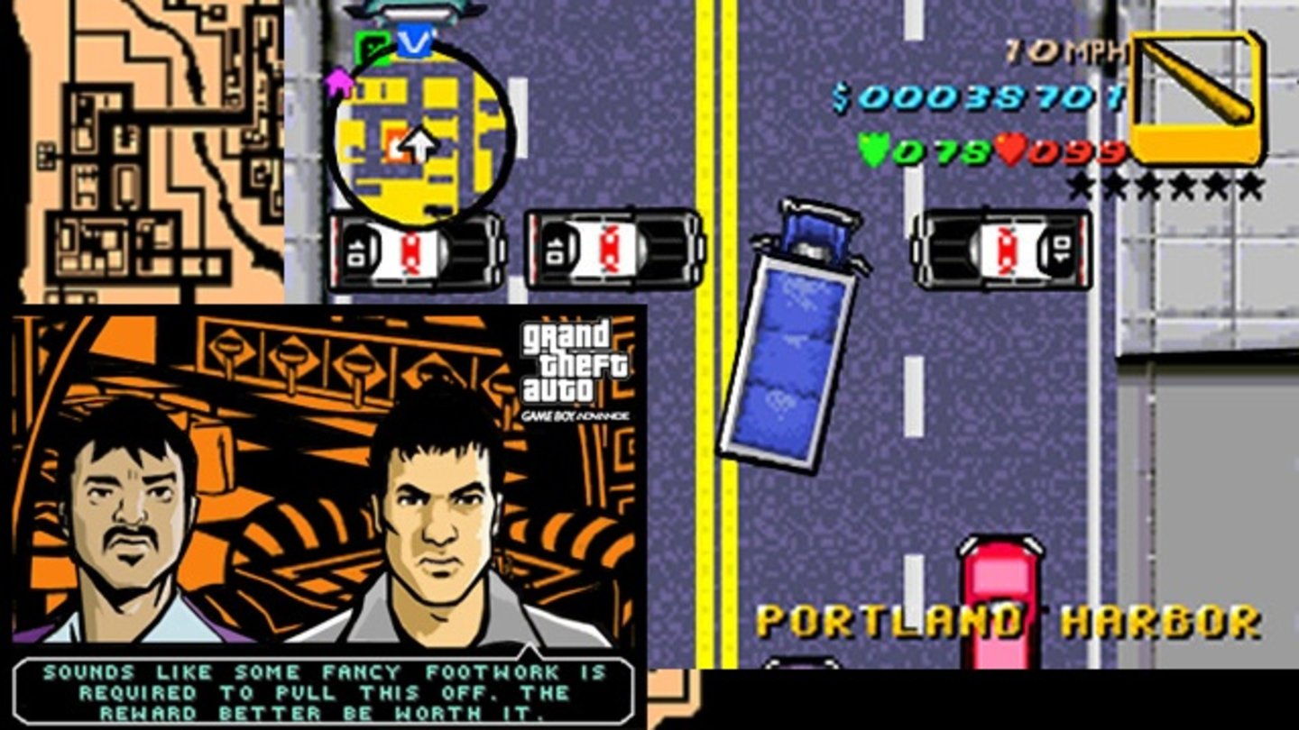 Grand Theft Auto Advance (2004)Für den Game Boy Advance will der Entwickler Digital Eclipse zunächst GTA 3 portieren, entscheidet sich aber während der Entwicklung, aus GTA Advance ein Prequel dazu zu machen. Die Handlung spielt zwar auch in Liberty City, ist aber ein Jahr vor Claudes Rachefeldzug angesiedelt. Auch die Hauptfigur ist wieder ein anderer Ganove: Diesmal lenken wir den Halunken Mike auf seinem Aufstieg zum großen Verbrecherboss aus der Vogelperspektive durch die Straßen. Der wird von seinem Kumpel Vinnie reingelegt und schwört daraufhin – wer hätte es gedacht? – Rache. Technisch war GTA natürlich ein Rückschritt: Statt vertonter Dialoge gab’s auf dem GBA nur Text, 3D-Figuren mussten 2D-Männchen weichen und auch auf’s Radioprogramm musste die Handheld-Fassung verzichten. Trotzdem ist das Straßennetz größtenteils identisch mit dem vom GTA-3-Liberty-City.