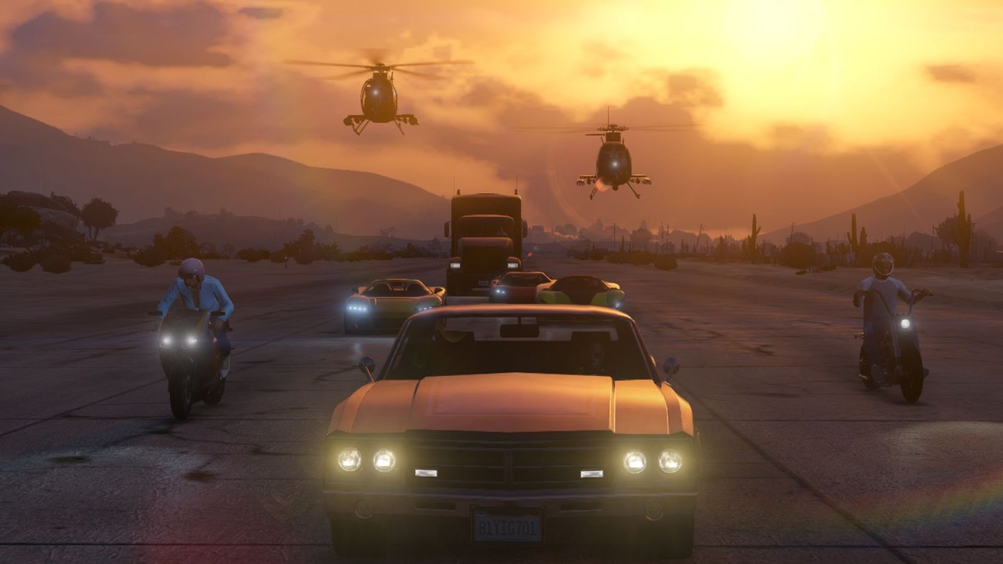 Grand Theft Auto OnlineChopper, Truck und Helikopter: Jeder Mitspieler in GTA Online kann sich in seinem persönlichen Fuhrpark bedienen.