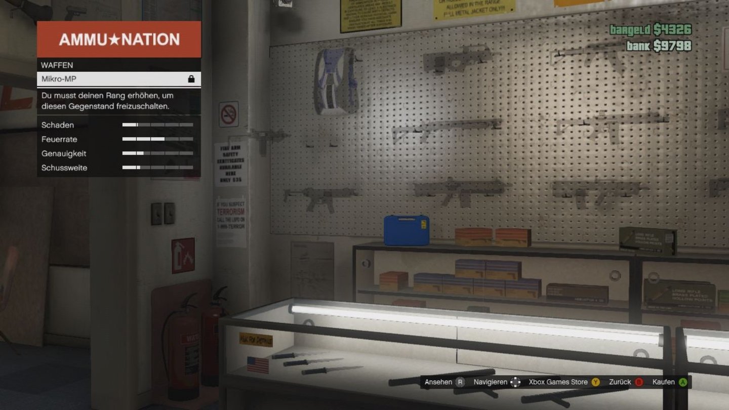 Grand Theft Auto OnlineLeeres Regal: Viele Waffen im Ammu-Nation-Laden sind erst mit höheren Rängen erhältlich.